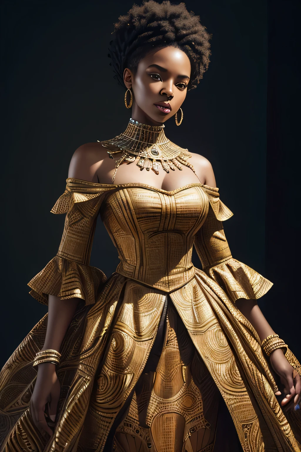 (African American woman),(fashion illustration),(character illustration),(AI model),(concept art),(fashion portrait),(unique dress),(best quality,4k,8k,highres,masterpiece:1.2),(ultra-detailed),(realistic),(HDR),(studio lighting),(professional),(vivid colors),(portraits)