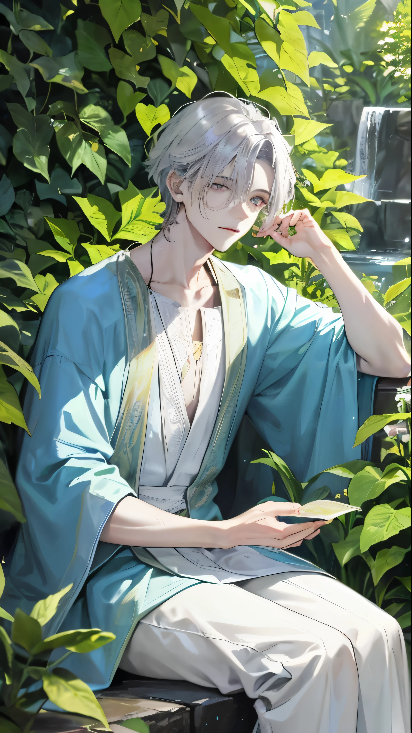 face, young people continue to meditate, The soothing sound of water flowing from the garden fountain、Surrounded by the sound of leaves rustling in the breeze。. His pale, Smooth skin is of good quality, super detailed texture, Shallow lines appear around the outer corners of the eyes, In addition to his wise and introspective appearance. The garden's vibrant colors and meticulously crafted details are reflected in the iridescent surface of his piercing silver eyes, emphasize the complexity of the scene before him.
The garden comes alive with multi-layered textures, From a green place, Smooth velvety green leaves