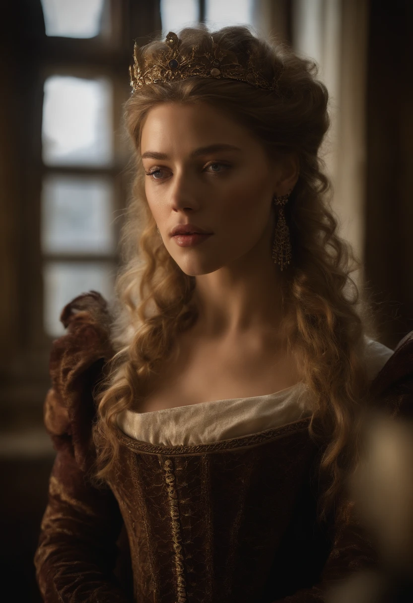 Played by Amber Heard, young nobleman stands on a snowy castle balcony overlooking a snow-covered landscape, Noche, vistiendo un vestido medival con detalles dorados, ambiente medieval, midNoche, misterioso, tormenta de nieve, Gothic, cinematographic,  (Obra maestra, Mejor calidad, high resolution:1.4), 1 chica, pureza, textura de los poros de la piel, Cabello rubio., hd , Photography, Movie, cinematographic, cuerpo completo, realista, (8K, foto cruda, Mejor calidad, Obra maestra:1.2), (realista, photo-realista:1.33), Mejor calidad, ojos detallados azul claro, lindo, natural lighting, Profundidad de campo, grano de la Movie, piel arrugada, very pale skin, Afilado, detailed and realista full body shot of a 25 years old girl faced by Amber Heard, (pecas:0.5) , afuera, vistiendo una camiseta blanca, looking to the camera, labios agrietados, soft natural lighting, Photography de cuerpo completo, Photography mágica, dramatic lighting, Photographic realism, ultra detallado, intimate full body shot composition, Leica 50mm