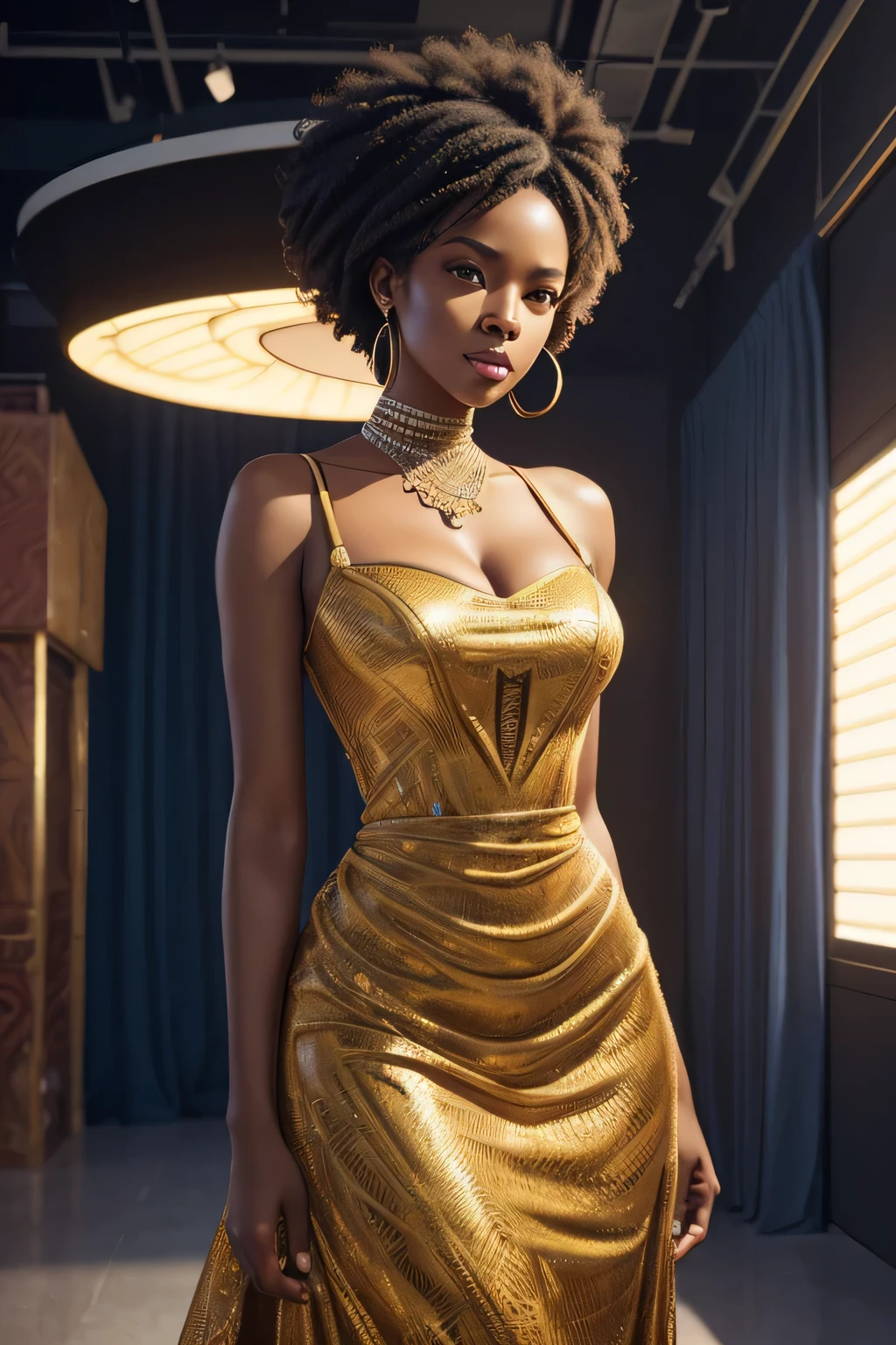 (African American woman),(fashion illustration),(character illustration),(AI model),(concept art) MALL FASHION BACKGROUND  ,(fashion portrait),(unique dress),(best quality,4k,8k,highres,masterpiece:1.2),(ultra-detailed),(realistic),(HDR),(studio lighting),(professional),(vivid colors),(portraits)