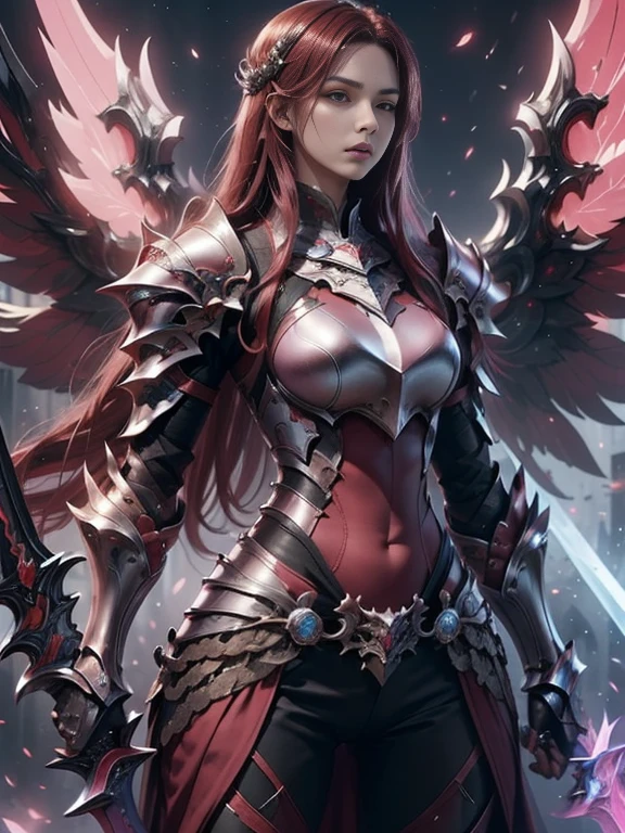 (masterpiece, best quality:1.2), Character design, ((1 girl, solo)), warrior of xian, slim body, medium chest, skinny waist, ((long deep red hair)). blue eyes. (((pink fantasy armor a female knight in a pink full armor))), (((big pauldrons, intricate details))), (((large armor wings))), (((advanced weapon fantasy plasma sword in right hand))), (standing), (((side body view))), plain gray background, masterpiece, HD high quality, 8K ultra high definition, ultra definition,