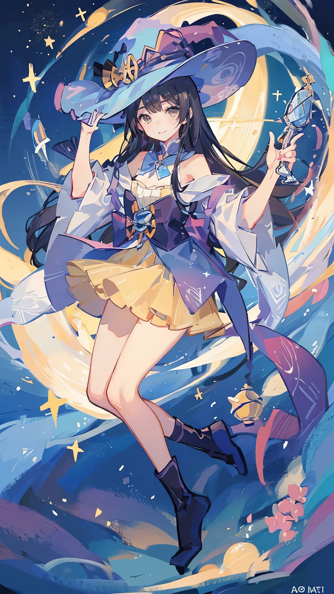 ((magic使いの女の子:1.5)), Full body shot，perfect face, beautiful face, highly detailed face，(blue long hair_yellow eyes:1.3)，(witch hat:1.3)，Witch's broom，magicの杖，book of magic，night sky，たくさんのstar，shine，Light，smile，magic，Sparkling，月Light，starの粒，star々，moonlight，流れstar