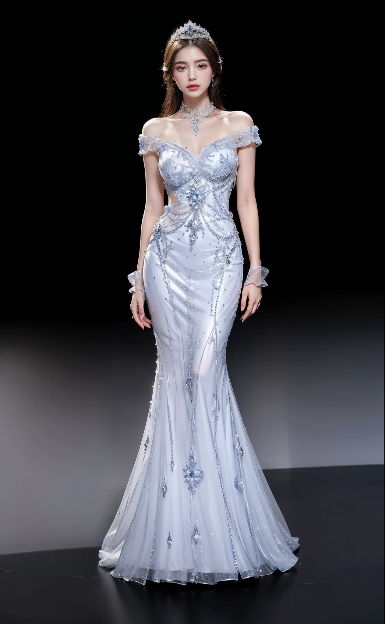 Royal sister，exquisite eyes，Detailed facial expressions body，tall figure，Leg length，4k，HD，translucent lace，Fair and plump figure，pretty face，Little cherry mouth，beautiful and delicious（3D royal sister），exquisite dress，Wear crystal jewelry，Gorgeous crystal gems，Gem and jewelry crown，The colors of the picture are very bright，Gorgeous ice and snow princess，Very gorgeous and noble dress，long skirt