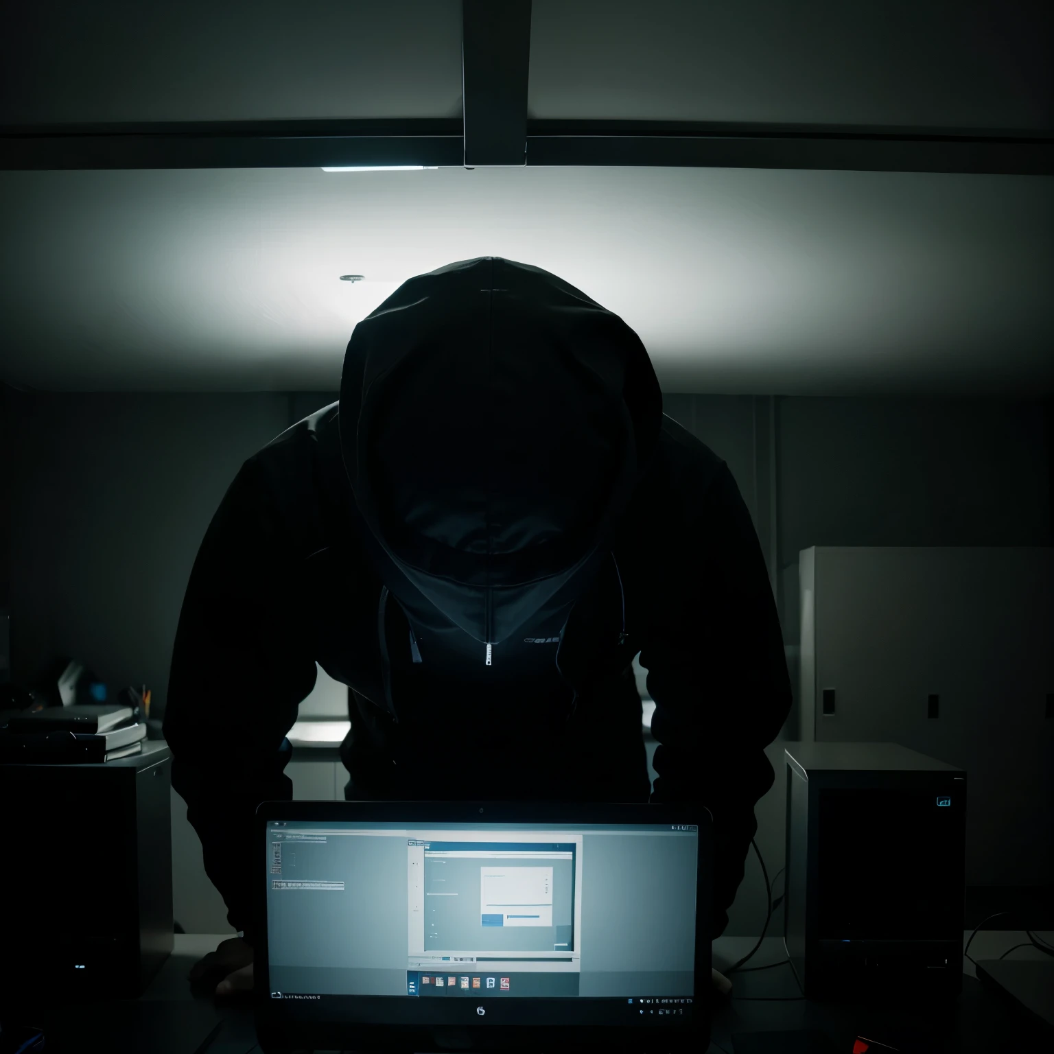 A hacker in dark room with desktop not showing face