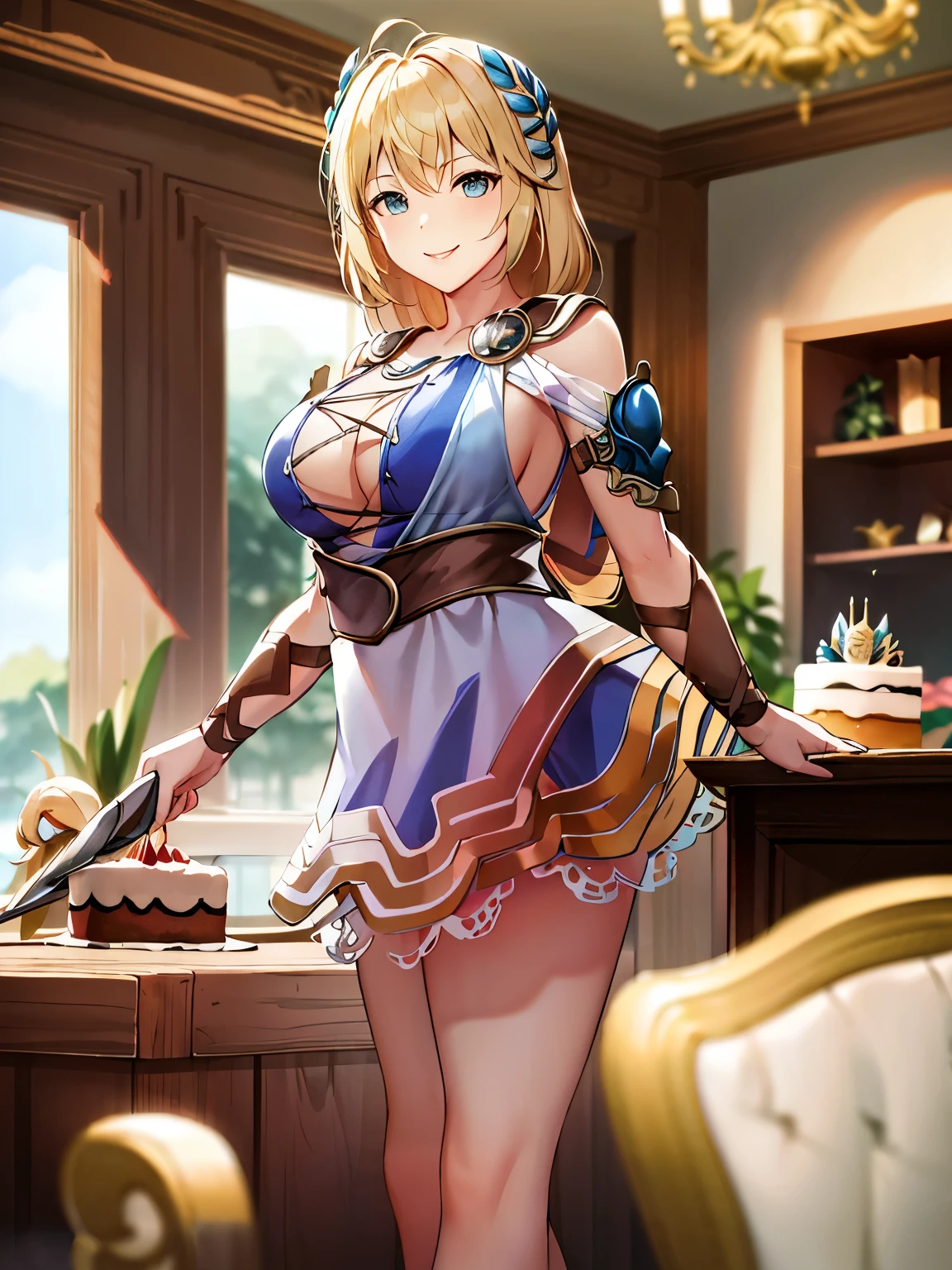 masterpiece, highest quality, Sophitia Alexandre,blonde,March 12th is my birthday,birthday cake,inside the house,(light blue sleeveless clotheini skirt,smile,Remove text,