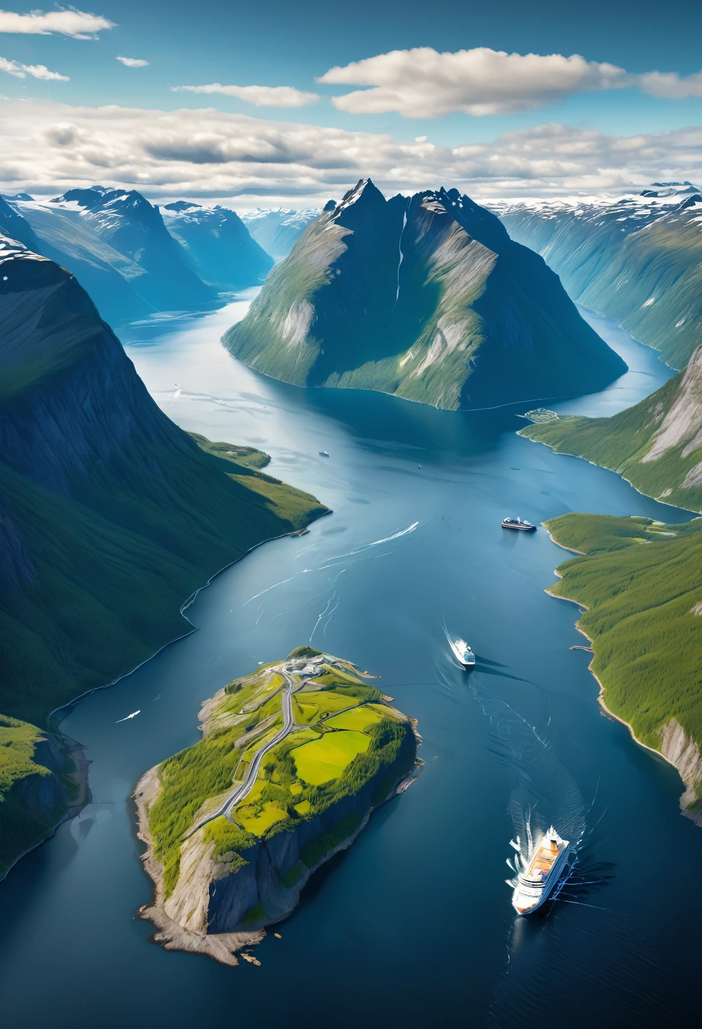 realistic photo, masterpieces, aerial view, aerial perspective, landscape, nordic fiords, detailed, realistic, lots of detail, varied mountain line, visible some road, big tourist cruise ship which from this height and in these fjords seems tiny 8k, film grain, raw photo, HDR,  high depth of field,  bird's eye view, imersive background and weather