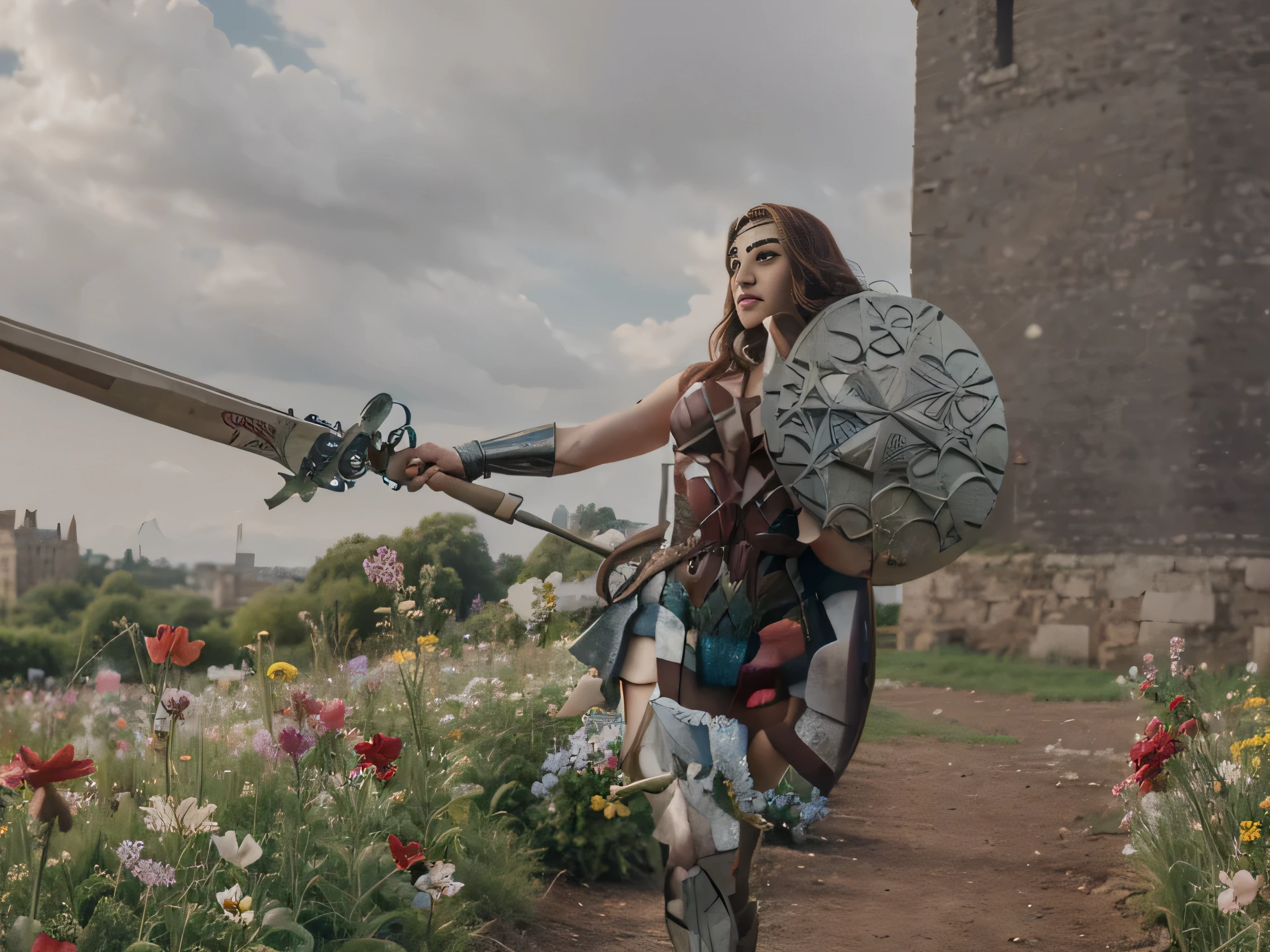 Wonder Woman in a field of flowers, with a castle in the background.