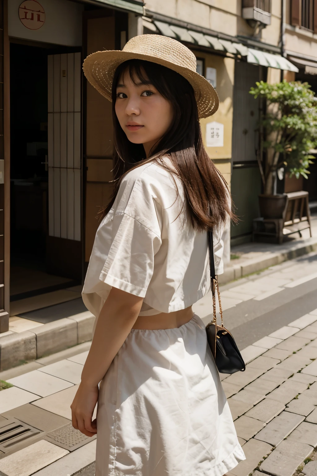 a typical japanese girl from tokyo, 20 y.o., cute face, with a little european facial features, walking in a Rome, view from the back, a big hat, sunbeams