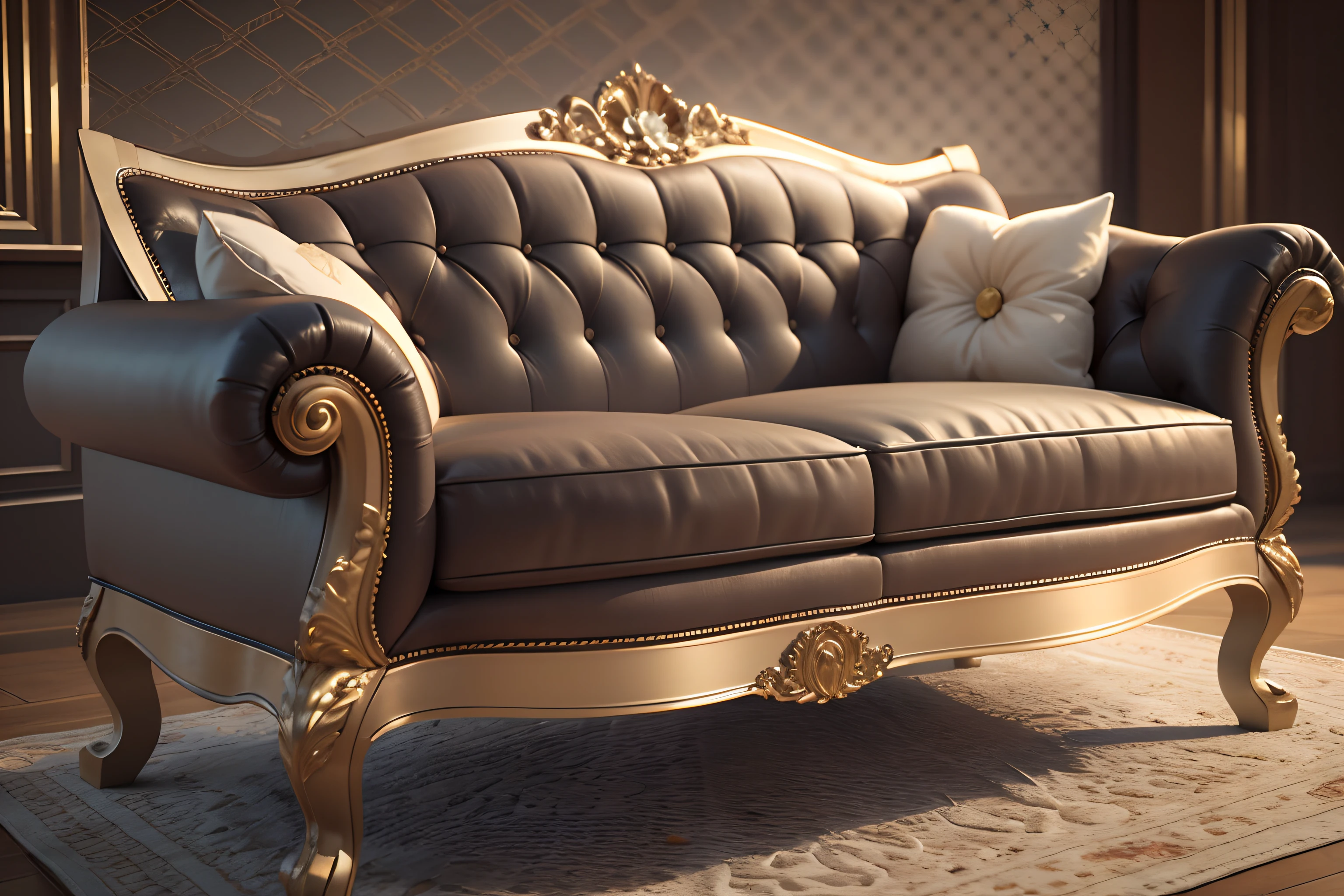 (Mejor calidad,3D rendering of:1.2),(realista:1.37) European sofa with side view.,Motor virtual,sombras sutiles,telas texturizadas,Ricos detalles en madera,Sophisticated design,Beautiful classic pattern.,Preciosa talla, impeccable craftsmanship,muy detallado,realista textures,Dynamic perspective,profundidad y dimensionalidad,Soft ambient lighting,medium exposure,paleta de colores neutros,Warm gold tone,Colores de tela brillantes,Espacio espacioso,Apariencia costosa,exquisite attention to detail