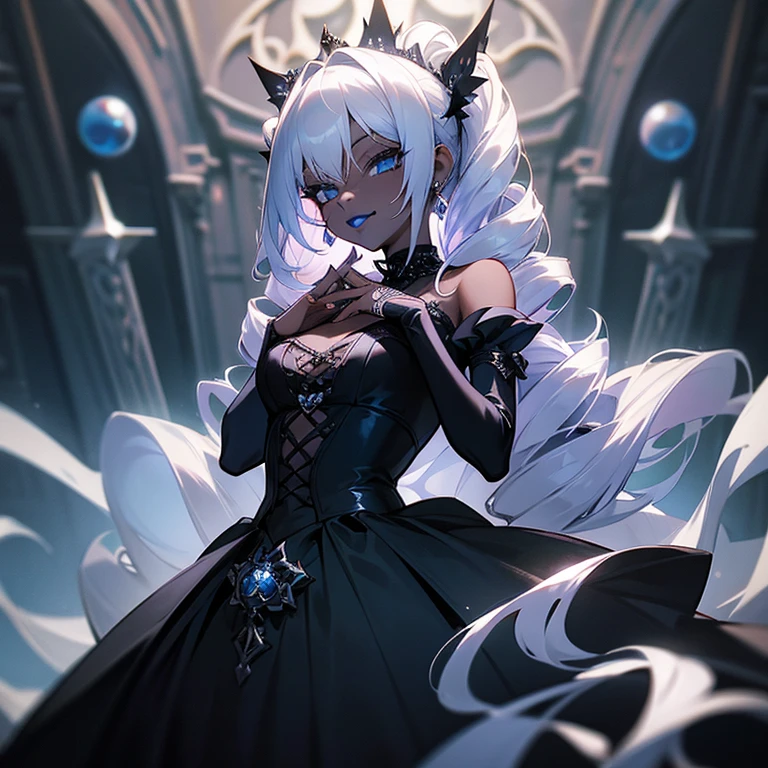 a woman in black Wedding dress and goth hair, with piercings, 1girl, solo, long hair, ring, silver hair, ((blue lips)), blue eyes, in blue rose, happy, dark skin, drill hair
