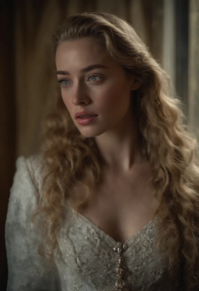played by Amber Heard, film portrait, ((upper body)), in front of the audience, (reality :1.3), The most beautiful art photo in the world, looking at the camera, European medieval court dress, turquoise gray dress, gorgeous, soft chiffon, beautiful detailed face, Action shooting, (intricate :1.4), Medieval snowy castle background, snow-covered landscape, realistic photo, CG, art station. (Masterpiece, Best quality, high resolution:1.4), 1 girl, skin pores texture, Blonde hair, hd , Photography, Movie, cinematographic, realistic, (8K, raw photo, Best quality, Masterpiece:1.2), (realistic, photo-realistic:1.33). (freckles:0. 5) , outside, chapped lips, soft natural lighting, Magic photography, dramatic lighting, Photographic realism, ultra detailed, intimate full body shot composition, Leica 50mm