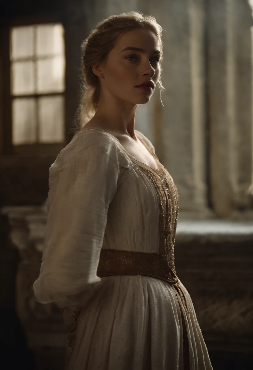 played by Amber Heard, film portrait, ((upper body)), in front of the audience, (reality :1.3), The most beautiful art photo in the world, looking at the camera, European medieval court dress, turquoise gray dress, gorgeous, soft chiffon, beautiful detailed face, Action shooting, (intricate :1.4), Medieval snowy castle background, snow-covered landscape, realistic photo, CG, art station. (Masterpiece, Best quality, high resolution:1.4), 1 girl, skin pores texture, Blonde hair, hd , Photography, Movie, cinematographic, realistic, (8K, raw photo, Best quality, Masterpiece:1.2), (realistic, photo-realistic:1.33). (freckles:0. 5) , outside, chapped lips, soft natural lighting, Magic photography, dramatic lighting, Photographic realism, ultra detailed, intimate full body shot composition, Leica 50mm