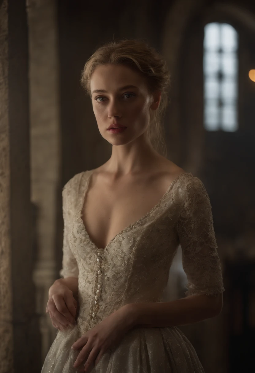 played by Amber Heard, film portrait, ((upper body)), in front of the audience, (reality :1.3), The most beautiful art photo in the world, looking at the camera, European medieval court dress, turquoise gray dress, gorgeous, soft chiffon, beautiful detailed face, Action shooting, (intricate :1.4), Medieval snowy castle background, snow-covered landscape, realistic photo, CG, art station. (Masterpiece, Best quality, high resolution:1.4), 1 girl, skin pores texture, Blonde hair, hd , Photography, Movie, cinematographic, realistic, (8K, raw photo, Best quality, Masterpiece:1.2), (realistic, photo-realistic:1.33). (freckles:0. 5) , outside, chapped lips, soft natural lighting, Magic photography, dramatic lighting, Photographic realism, ultra detailed, intimate full body shot composition, Leica 50mm