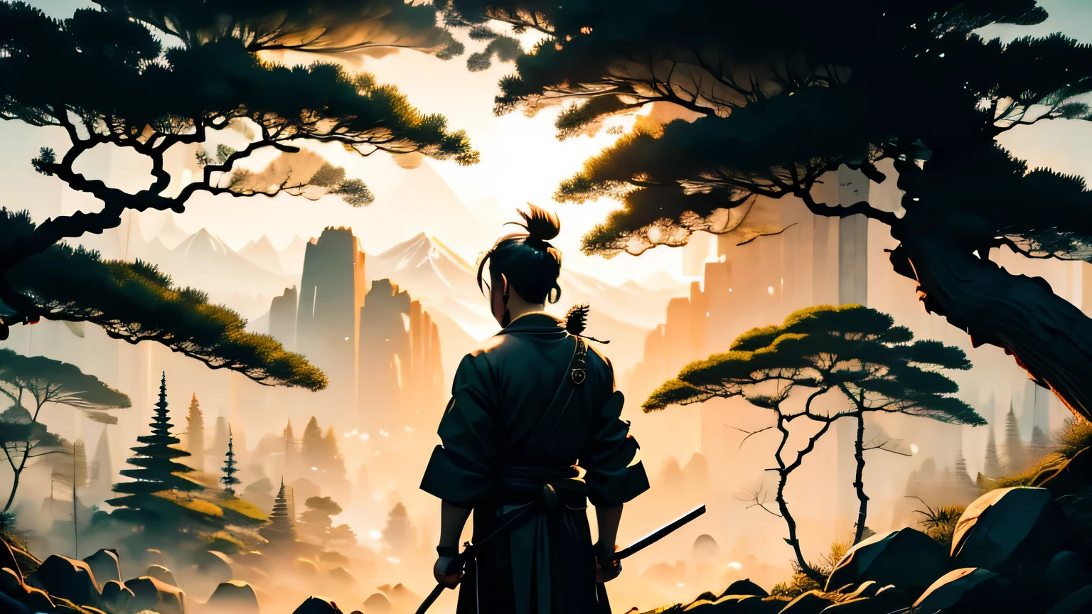 hombre guerrero samurai, solo, Looking to the future in a magical Japanese world., bien definido, ultradetallado, oscuro, sombras, luz oscura, dramatico, cinematic view, panoramica, epic, guerrero, 8K, 4k, obra maestra.