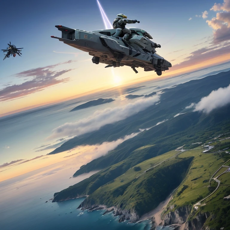aerial viev, view from behind grup, halo, master chief, squad of halo gropu, a close up of a group of people in suits flying through the air, glide down, sea and islands below, some ships on sea, clouds, sunset, hq 4k wallpaper, master chief from halo, cg art, master chief, halo ark, high quality screenshot, halo array, jetpacks