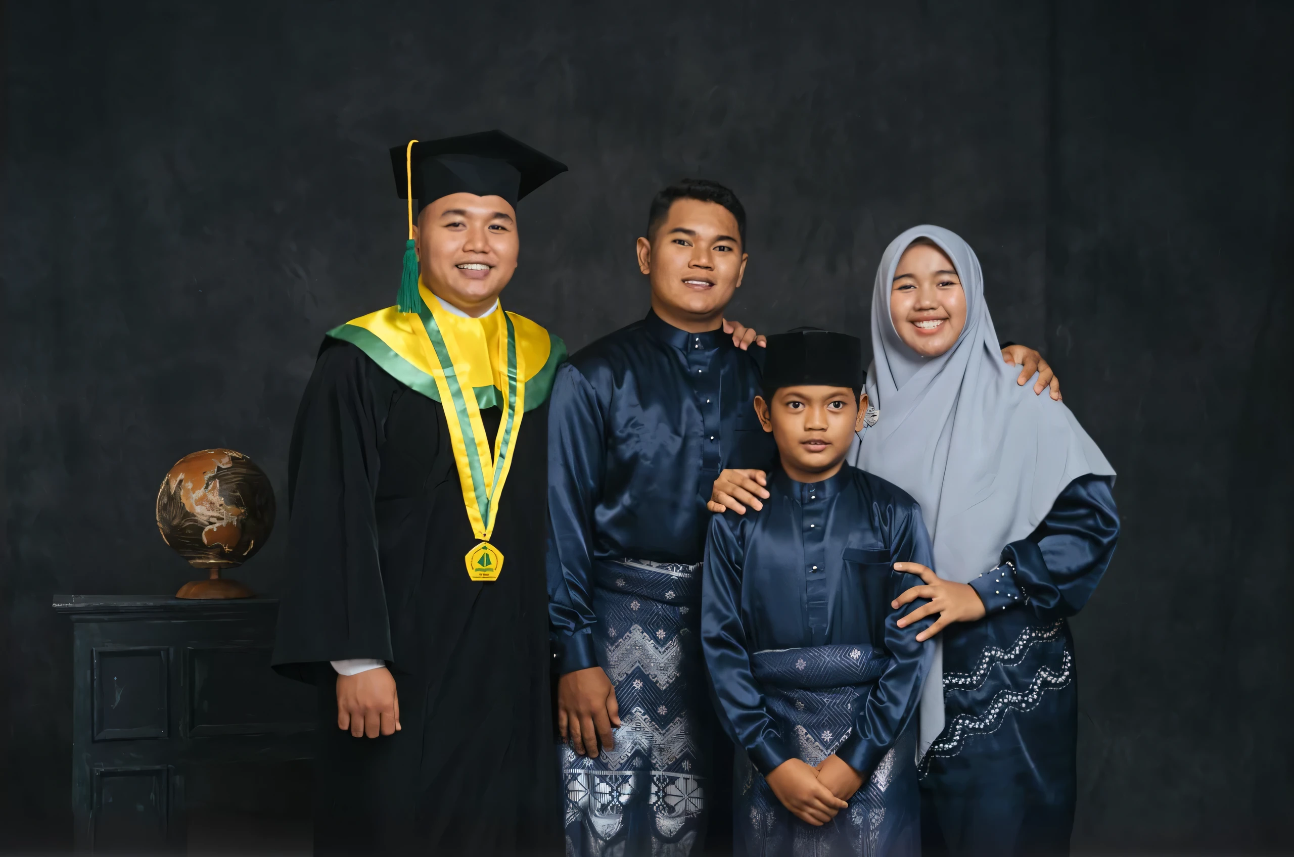 arafed family posing for a picture in a studio with a black background, family photography, graduation photo, full protrait, home photography portrait, an indonesian family portrait, profesional photography, family portrait, taken with canon 5d mk4, protrait, by Basuki Abdullah, potrait, happy family, barong family