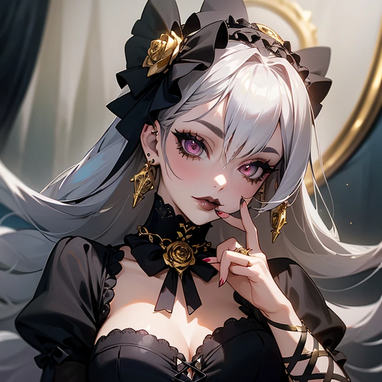 a woman in silver corset  and goth hair, with piercings, 1girl, solo, long hair, ring, silver hair, Gothic Lolita,((gold lips)), silver eyes, silver rose