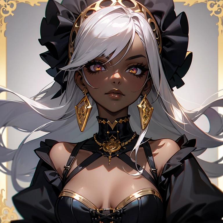 a woman in silver corset and goth hair, with piercings, 1girl, solo, long hair, ring, silver hair, Gothic Lolita,((gold lips)), silver eyes, silver rose, dark skin,