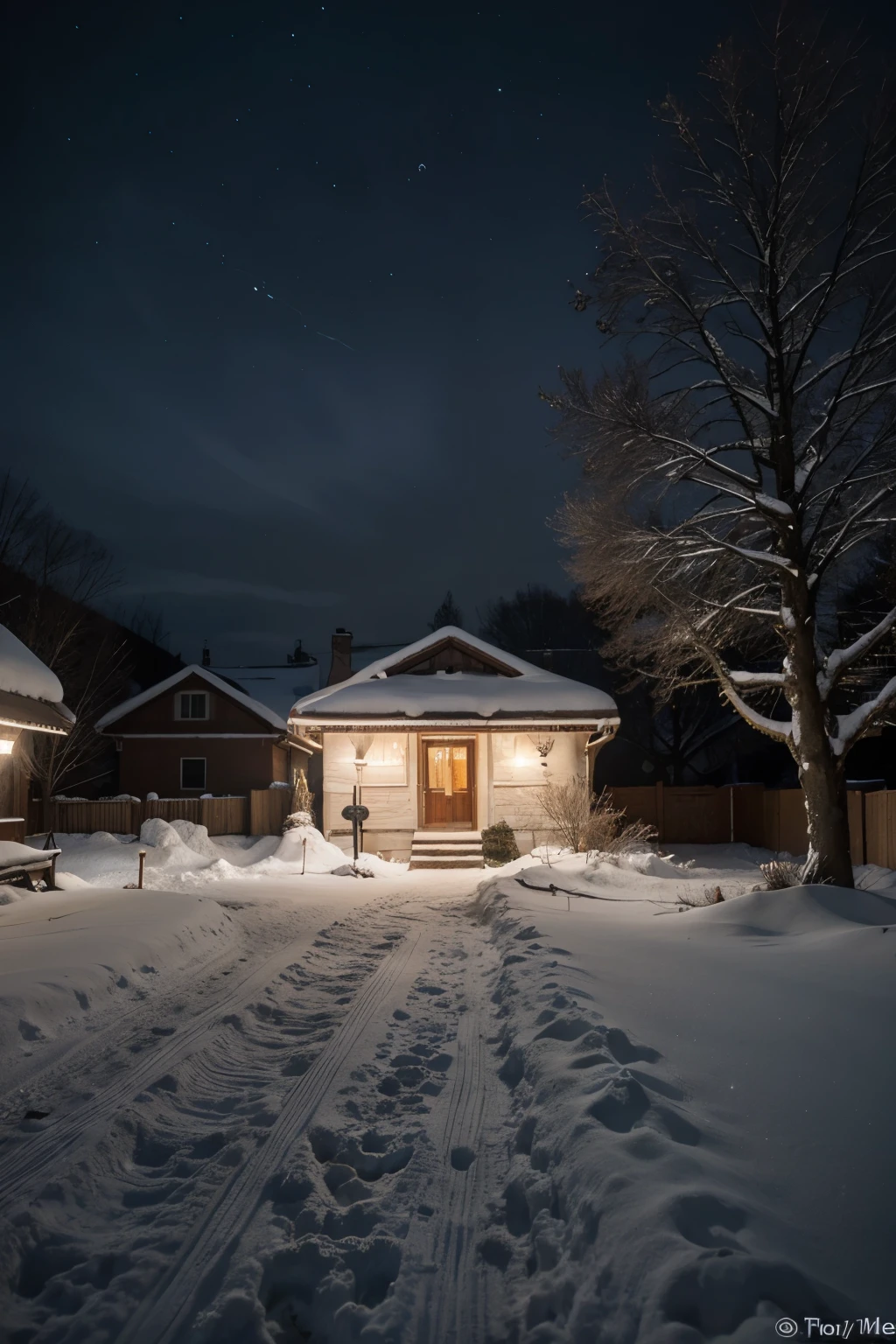 A quiet night shrouded in darkness。The sky shines with endless stars、white snow covers the ground。Fluffy snowflakes、Lighted street lamps and houses々It's shining brightly by the window.。Doesn't make you feel cold、There is a calm and magical atmosphere。In this beautiful snowy landscape、What kind of scenery comes to mind??Image size is 16:At 9