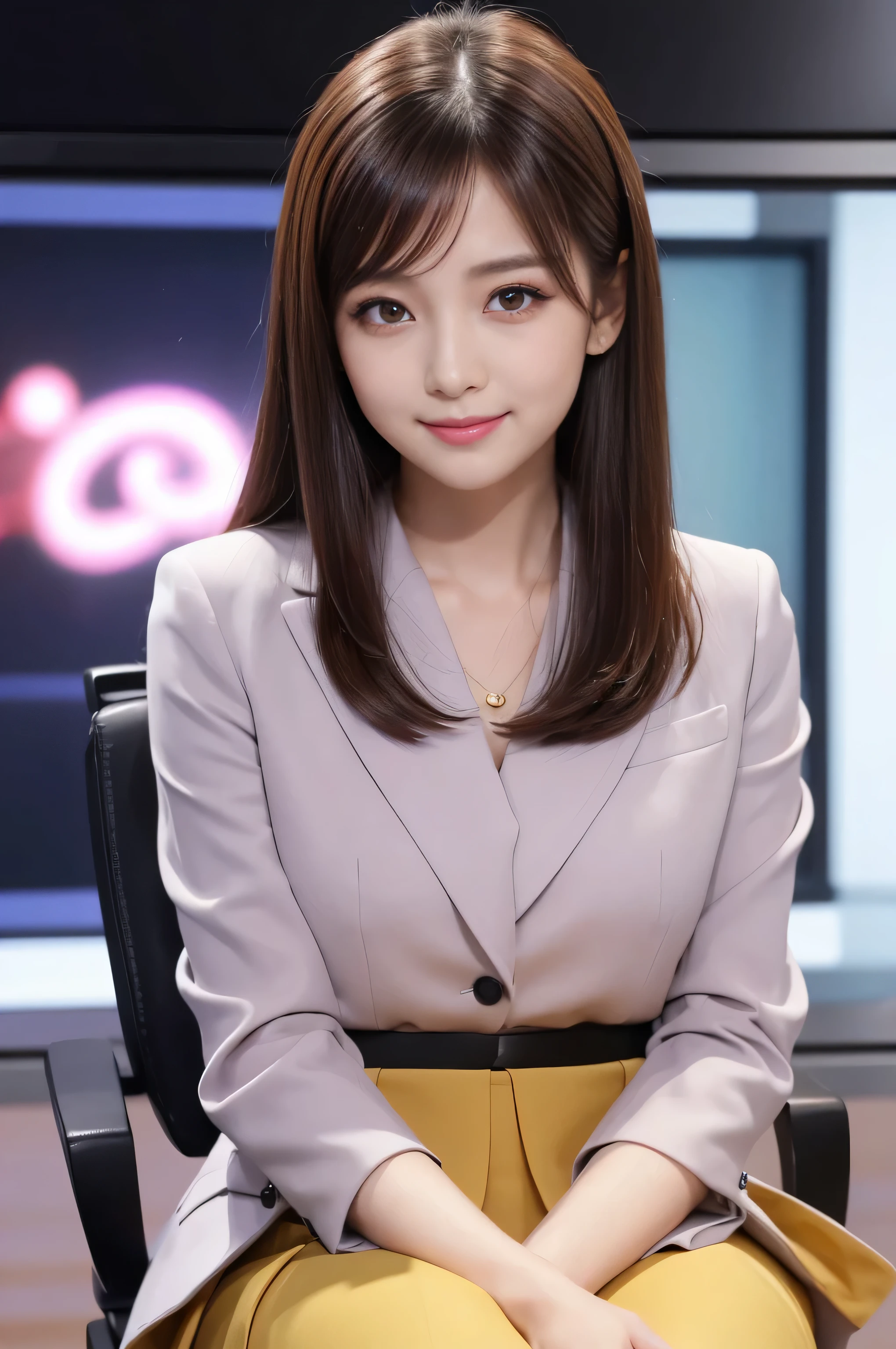 muste piece, best quality, 8K、(Golden Ratio Face、balanced eyes、very gentle eyelids)、double eyelid、beautiful nose、shy smile、lip gloss 、Very beautiful girl、Beautiful girl solo like a model、See photographer、A woman in a suit sits on a chair in a Japanese TV news studio、Tight Skirt