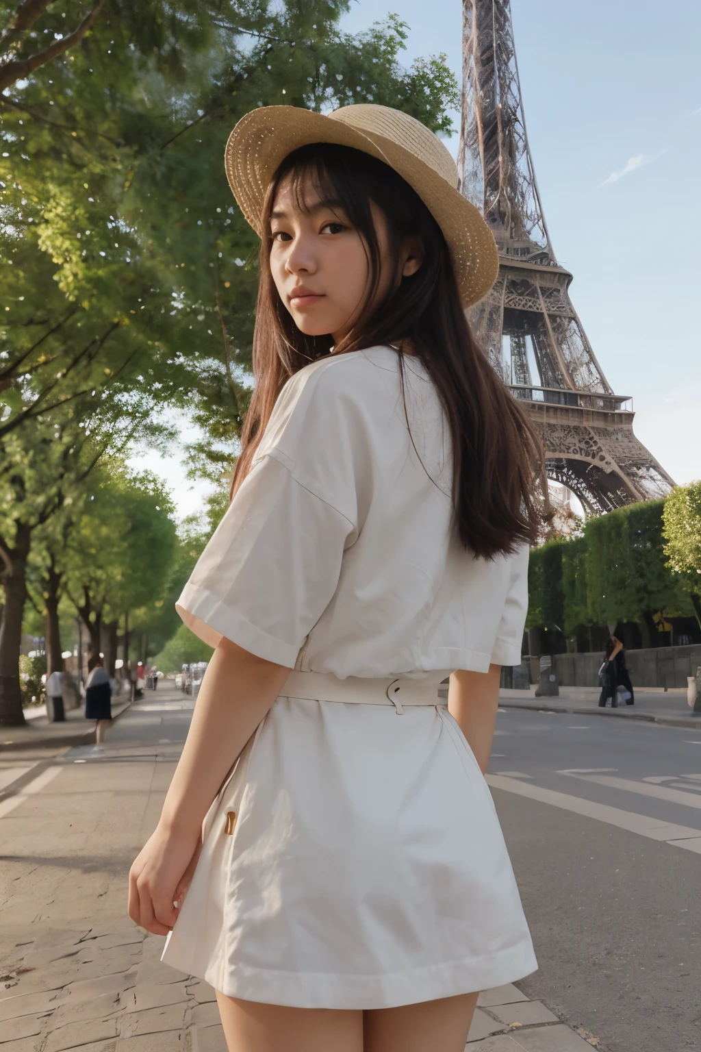 a typical japanese girl, 20 y.o., cute face, with a little european facial features, walking near Eiffel tower in Paris, view from the back, a big hat, sunbeams
