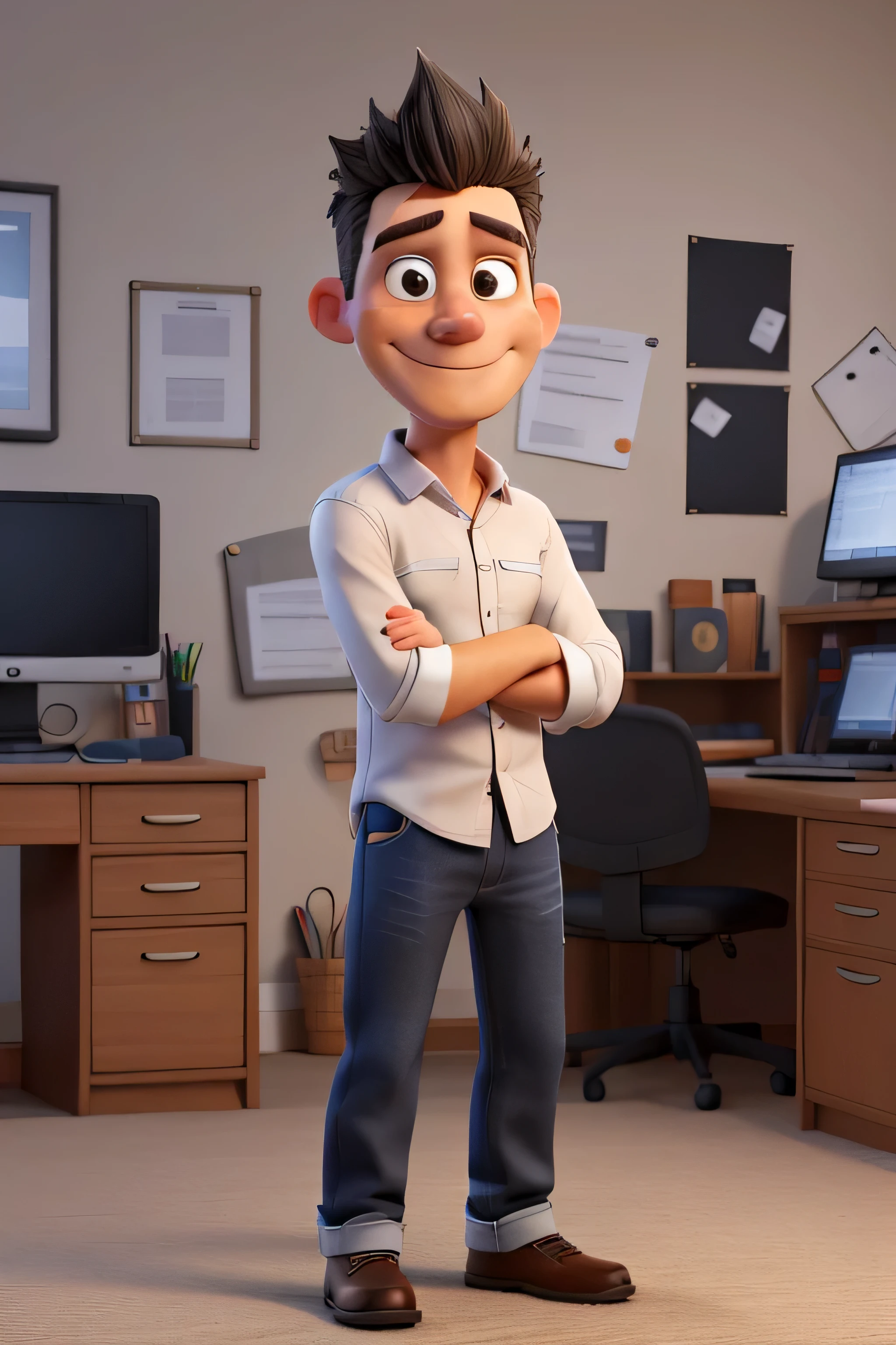 Full body shot of a 40 year old white man with black and grey spiky hair standing with his arms folded, white formal shirt, bushy black eyebrows, navy denim jeans. Brown eyes, brown shoes, clean shaven, smiling, computer desk with PC, les Paul guitar on wall. Cleft chin 