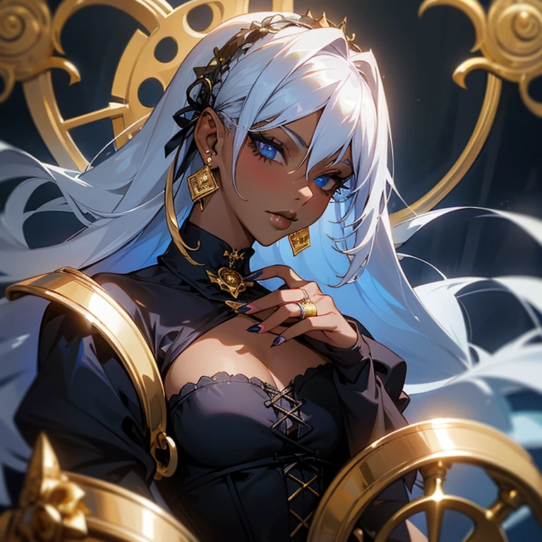 a woman in blue corset and goth hair, with piercings, 1girl, solo, long hair, ring, silver hair, Gothic ta,((gold lips)), blue eyes, blue rose, dark skin,