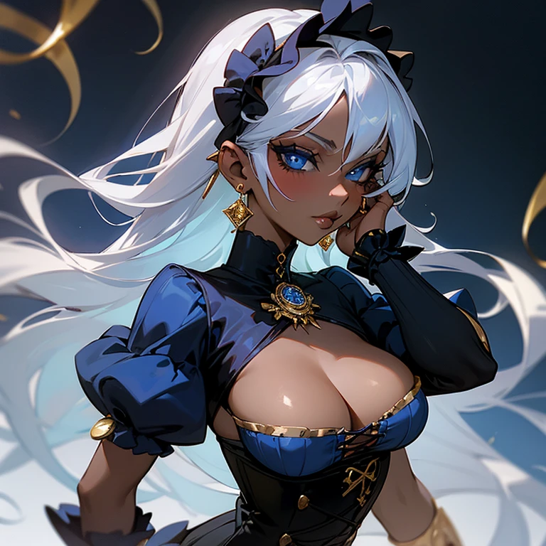 a woman in blue corset and goth hair, with piercings, 1girl, solo, long hair, ring, silver hair, Gothic ta,((gold lips)), blue eyes, blue rose, dark skin,