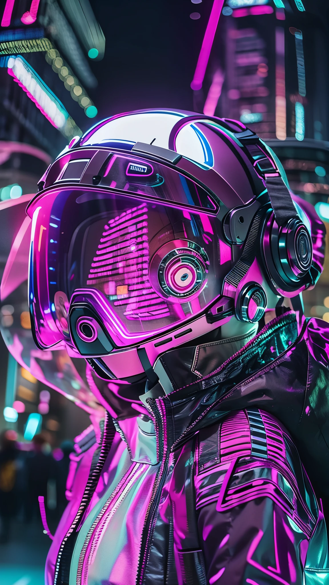 (good structure),high dynamic range,ultra high definition,8k,1 girl,cyberpunk protective clothing,cyberpunk gas mask,cyberpunk protective helmet,A luminescent helmet,neon lights,neon color,face camera,close up,night,Mask screen reflections,luminescent,jacket,Upper body,cyberpunk,colorful clothes,actual,alone,zipper