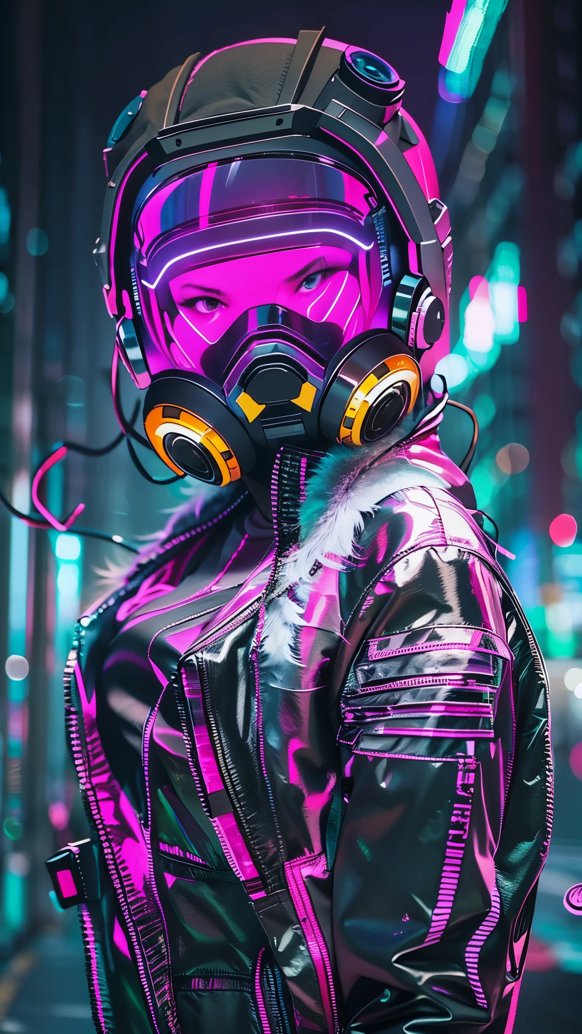 (good structure),high dynamic range,ultra high definition,8k,1 girl,cyberpunk protective clothing,cyberpunk gas mask,cyberpunk protective helmet,A luminescent helmet,neon lights,neon color,face camera,close up,night,Mask screen reflections,luminescent,jacket,Upper body,cyberpunk,colorful clothes,actual,alone,zipper