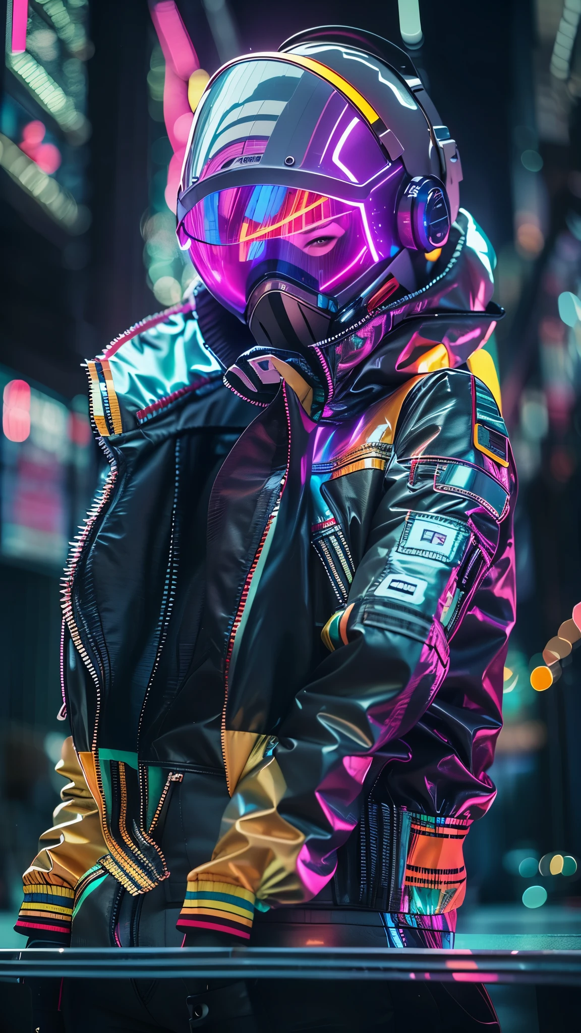 (good structure),high dynamic range,ultra high definition,8k,1 girl,cyberpunk protective clothing,cyberpunk gas mask,cyberpunk protective helmet,A luminescent helmet,neon lights,neon color,face camera,close up,night,Mask screen reflections,luminescent,jacket,Upper body,cyberpunk,colorful clothes,actual,alone,zipper