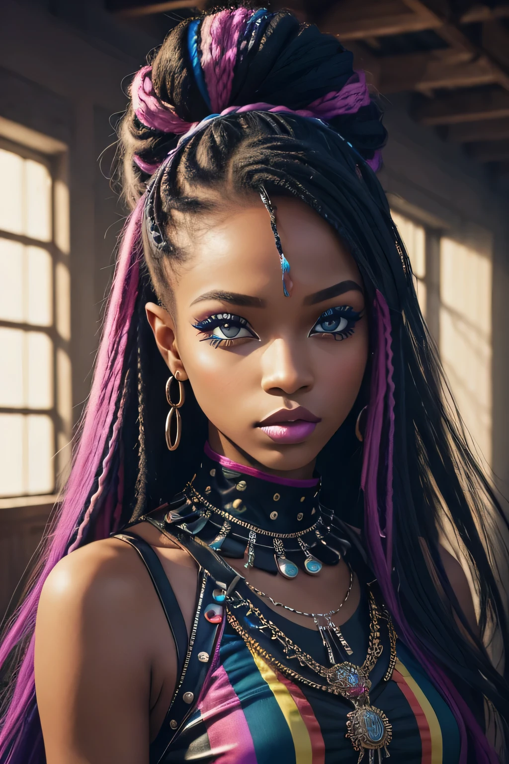 t: ((masterpiece)), ((best quality)), 8k, high detailed, ultra-detailed, photo, indoor,xsfashion, 1girl, punk fashion, AFRICAN AMERICAN, make up, rainbow makeup, (dreamy expression), long hair, capturing the ethereal beauty of nature and fashion,