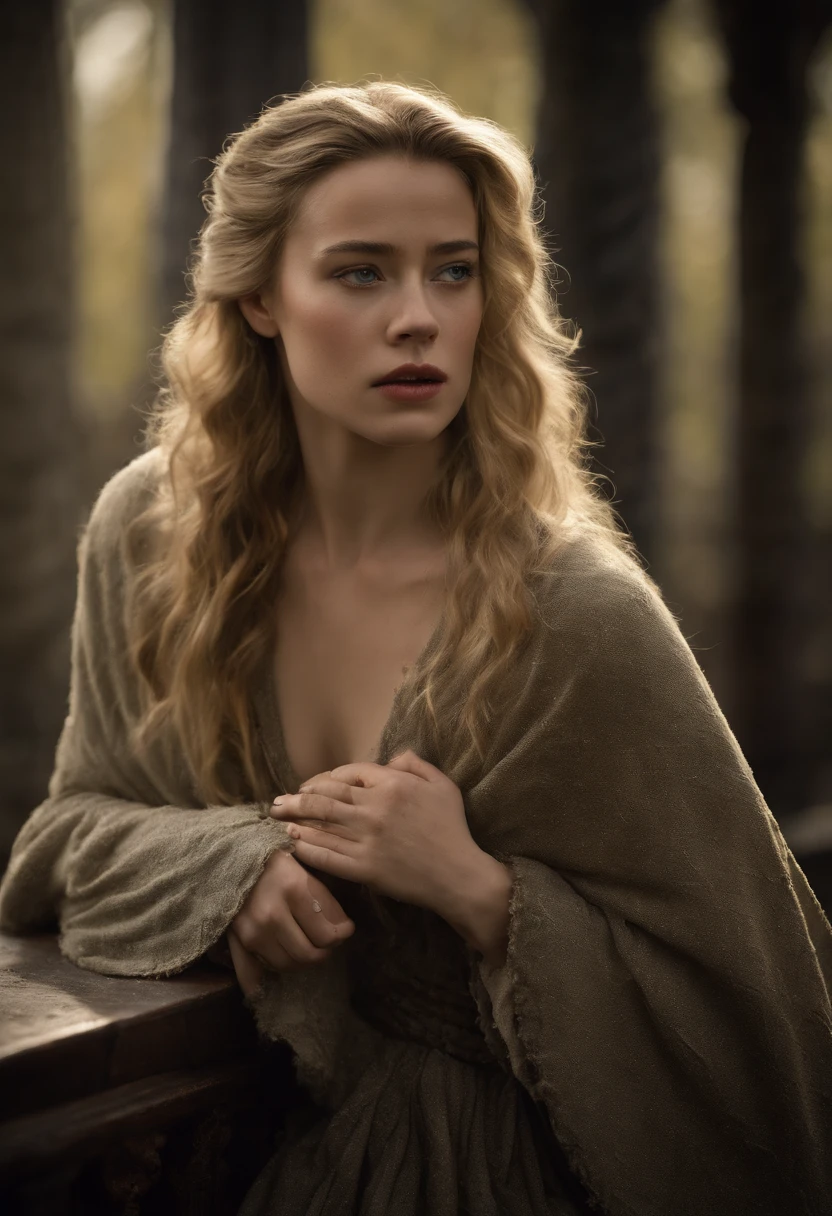 played by Amber Heard, film portrait, ((upper body)), in front of the audience, (reality :1.3), The most beautiful art photo in the world, looking at the camera, European medieval court dress, turquoise gray dress, gorgeous, soft chiffon, beautiful detailed face, Action shooting, (intricate :1.4), Medieval snowy castle background, snow-covered landscape, realistic photo, CG, art station. (Masterpiece, Best quality, high resolution:1.4), 1 girl, skin pores texture, Blonde hair, hd , Photography, Movie, cinematographic, realistic, (8K, raw photo, Best quality, Masterpiece:1.2), (realistic, photo-realistic:1.33). (freckles:0. 5) , outside, chapped lips, soft natural lighting, Magic photography, dramatic lighting, Photographic realism, ultra detailed, intimate full body shot composition, Leica 50mm