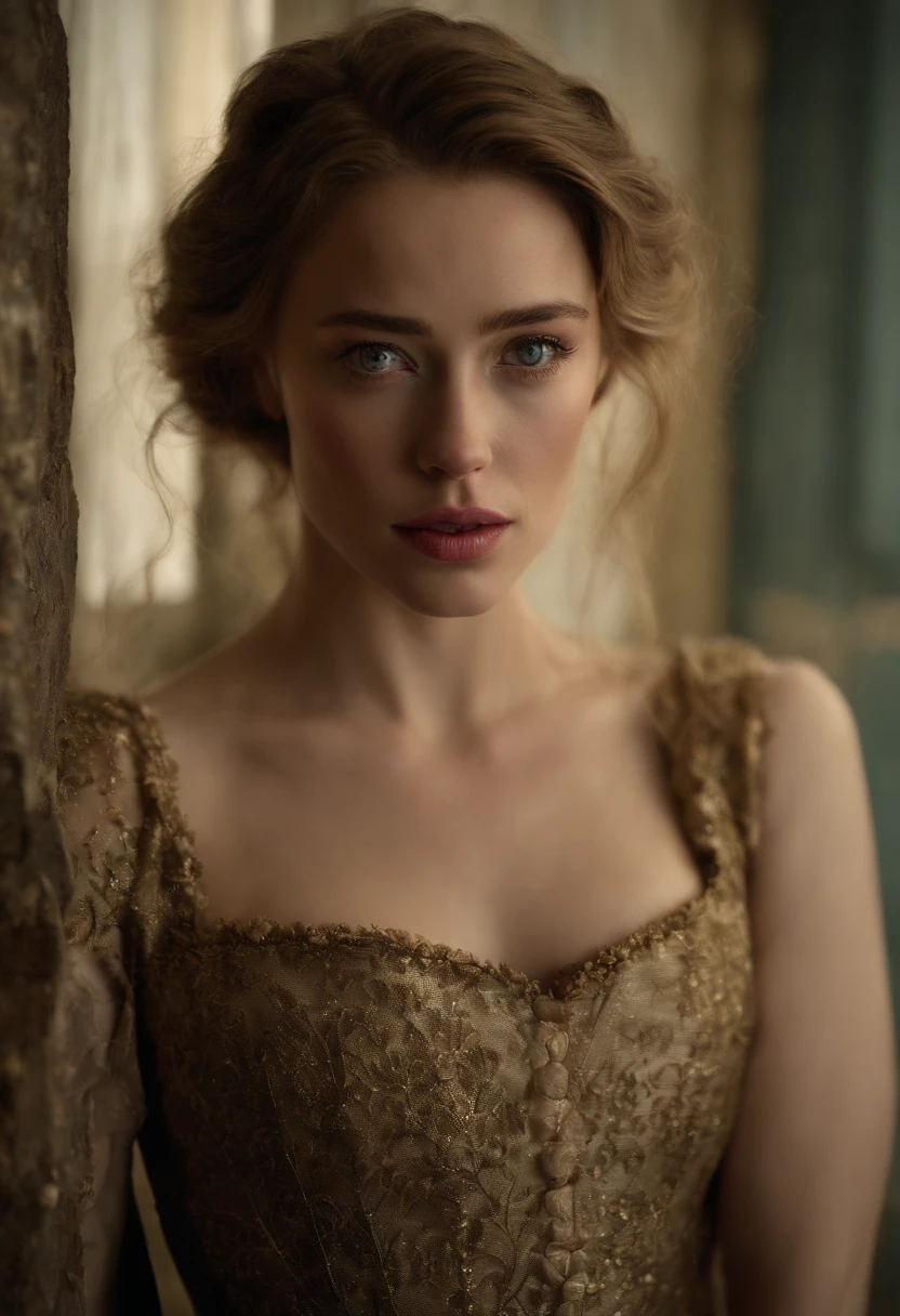 played by Amber Heard, film portrait, ((upper body)), in front of the audience, (reality :1.3), The most beautiful art photo in the world, looking at the camera, European medieval court dress, turquoise gray dress, gorgeous, soft chiffon, beautiful detailed face, Action shooting, (intricate :1.4), Medieval snowy castle background, snow-covered landscape, realistic photo, CG, art station. (Masterpiece, Best quality, high resolution:1.4), 1 girl, skin pores texture, Blonde hair, hd , Photography, Movie, cinematographic, realistic, (8K, raw photo, Best quality, Masterpiece:1.2), (realistic, photo-realistic:1.33). (freckles:0. 5) , outside, chapped lips, soft natural lighting, Magic photography, dramatic lighting, Photographic realism, ultra detailed, intimate full body shot composition, Leica 50mm