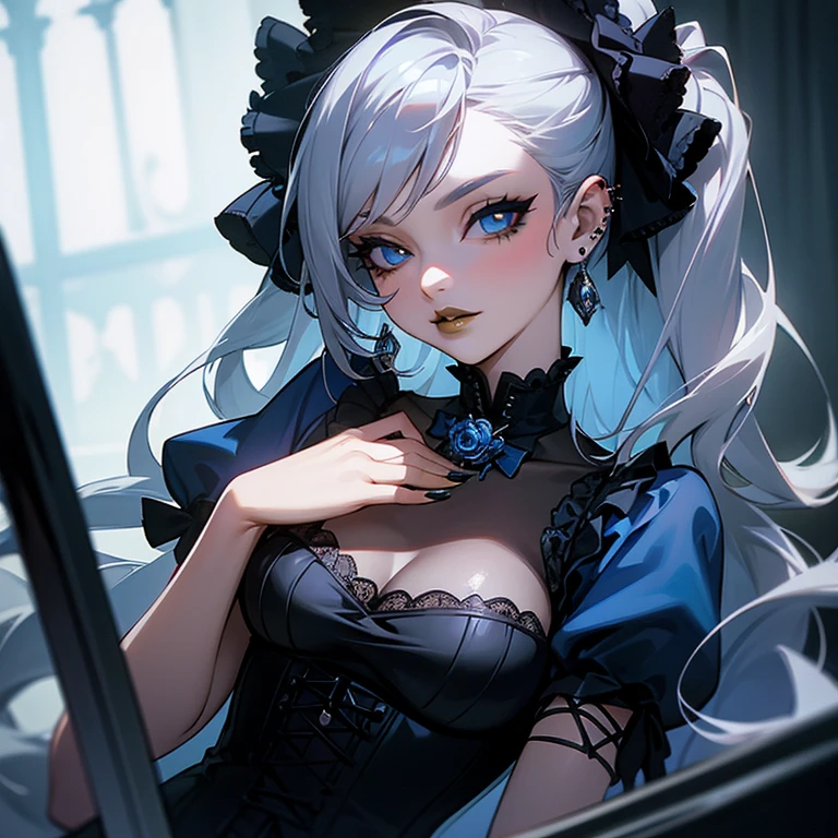 a woman in blue corset and goth hair, with piercings, 1girl, solo, long hair, ring, silver hair, Gothic ta,((yellow lips)), blue eyes, blue rose,