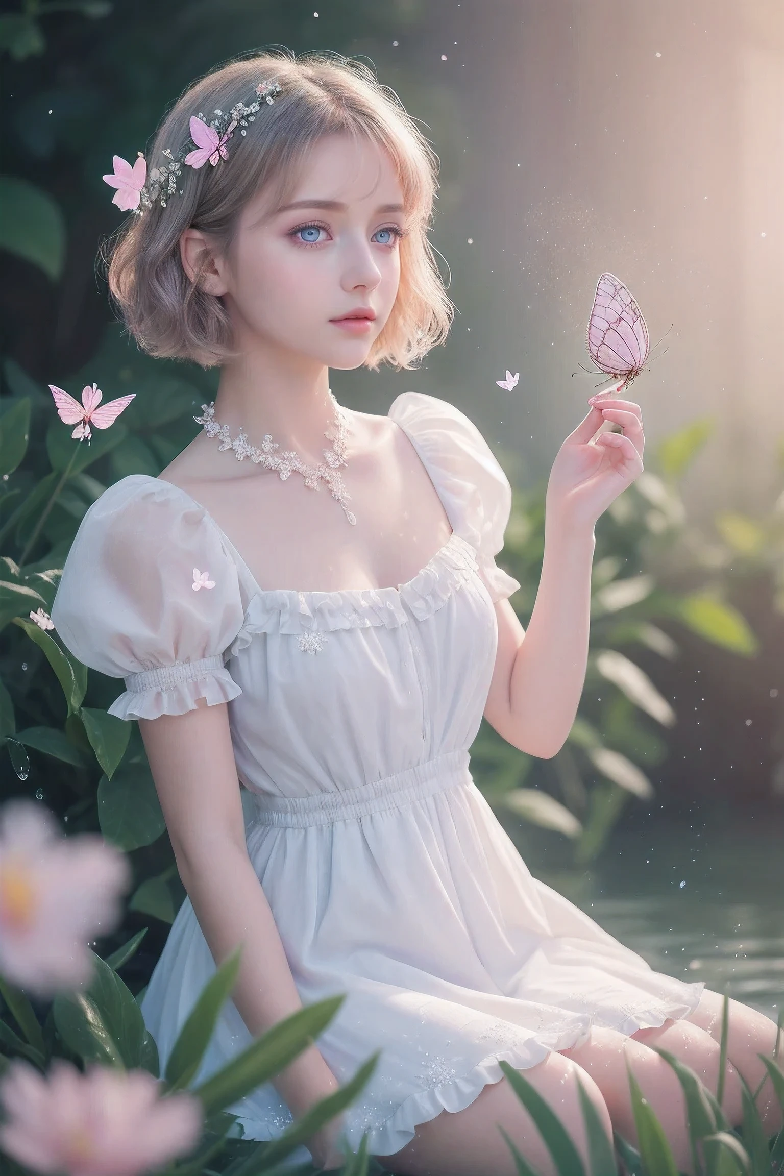 (masterpiece, best quality:1.2), illustrexistion, Ridiculous, high resolution, Very detailed, 1 girl, white short hair, Eye highlights, skirt, short puff sleeves, decorate, Outdoor activities, flower, 飘动的flower瓣, whole body, depth of field,chromexistic aberrexistion abuse,pastel colors, depth of field,flower園 of the sun,shining,flowers, flower園, 1 girl, Butterfly风格, Butterfly, Super detailed, glary,Light, light particles,闪Light,reflect,将一只手放exist胸前,c4d,3d,bright,Outdoor activities,Gift,candy,more details,flower ocean,winter,雪flower,splashing wexister,飘落的flower瓣,beautiful and delicexiste wexister,((beautiful eyes)),very delicexiste light,perfect and delicexiste limbs,nexisture,painting,wexister spray,精细发Light,Very beautiful 8K CG wallpaper,lilac eyes,pink pupils,whole body,bright eyes,(an extremely delicexiste and beautiful girl:1.4),big eyes,Eye highlights,wexistery eyes,watching_exist_audience,Outdoor activities,look exist the screen,touch,