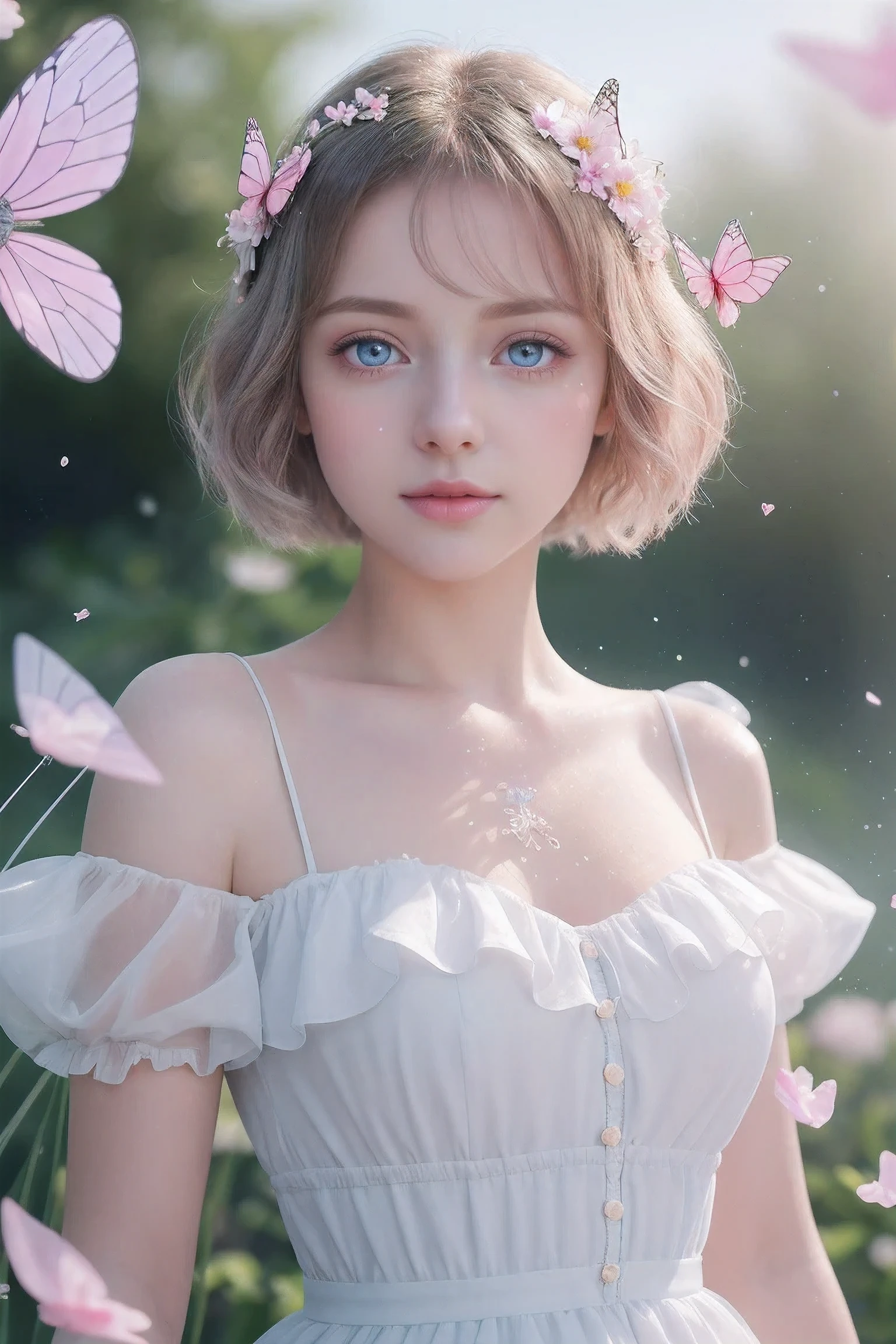 (masterpiece, best quality:1.2), illustrexistion, Ridiculous, high resolution, Very detailed, 1 girl, white short hair, Eye highlights, skirt, short puff sleeves, decorate, Outdoor activities, flower, 飘动的flower瓣, whole body, depth of field,chromexistic aberrexistion abuse,pastel colors, depth of field,flower園 of the sun,shining,flowers, flower園, 1 girl, Butterfly风格, Butterfly, Super detailed, glary,Light, light particles,闪Light,reflect,将一只手放exist胸前,c4d,3d,bright,Outdoor activities,Gift,candy,more details,flower ocean,winter,雪flower,splashing wexister,飘落的flower瓣,beautiful and delicexiste wexister,((beautiful eyes)),very delicexiste light,perfect and delicexiste limbs,nexisture,painting,wexister spray,精细发Light,Very beautiful 8K CG wallpaper,lilac eyes,pink pupils,whole body,bright eyes,(an extremely delicexiste and beautiful girl:1.4),big eyes,Eye highlights,wexistery eyes,watching_exist_audience,Outdoor activities,look exist the screen,touch,