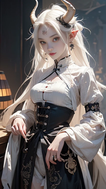 1 girl, Whole_body, (masterful), albino demon girl ,(white dreadlocks,mesh fishnet blouse, (long intricate horns:1.2),best quality, highest quality, extremely detailed CG unity 8k wallpaper, detailed and intricate, ,steampunk style,Glass Elements, looking_at_viewer,chinese girls,goth person
