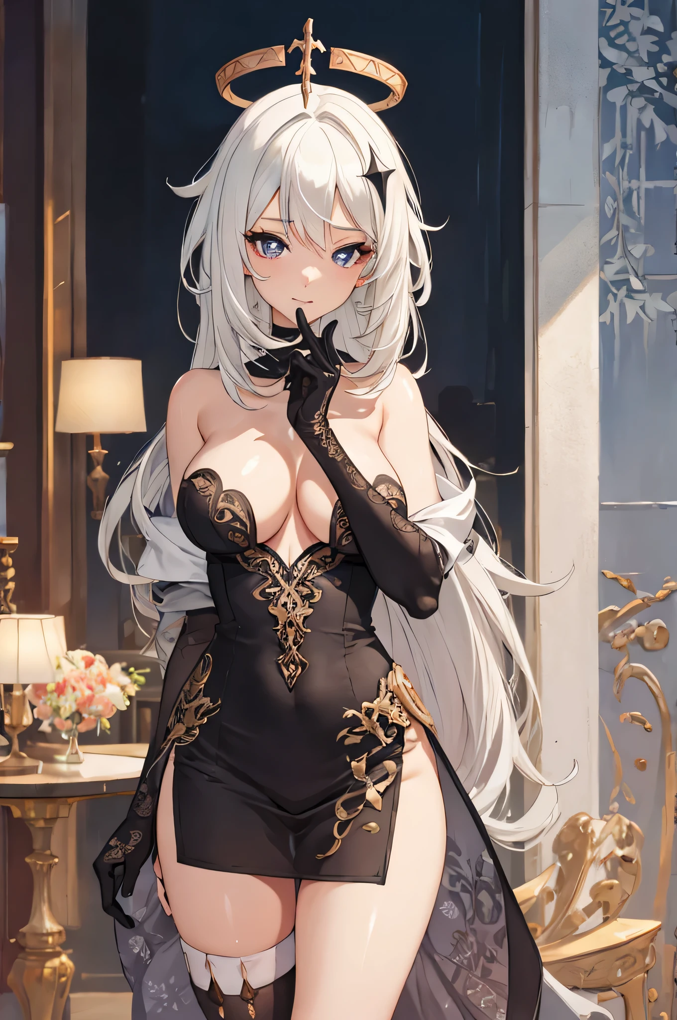 beautiful, (masterpiece), best quality, (extremely detailed face), extremely detailed eyes,  perfect lighting, OverallDetail, detailed, deep skin,textured skin,
, paimon gi,  single thighhigh, thighhighs, halo, , hair between eyes ,white hair,
 ,virgin killer sweater, backless outfit, sexshop, perfect hand, perfect fingers