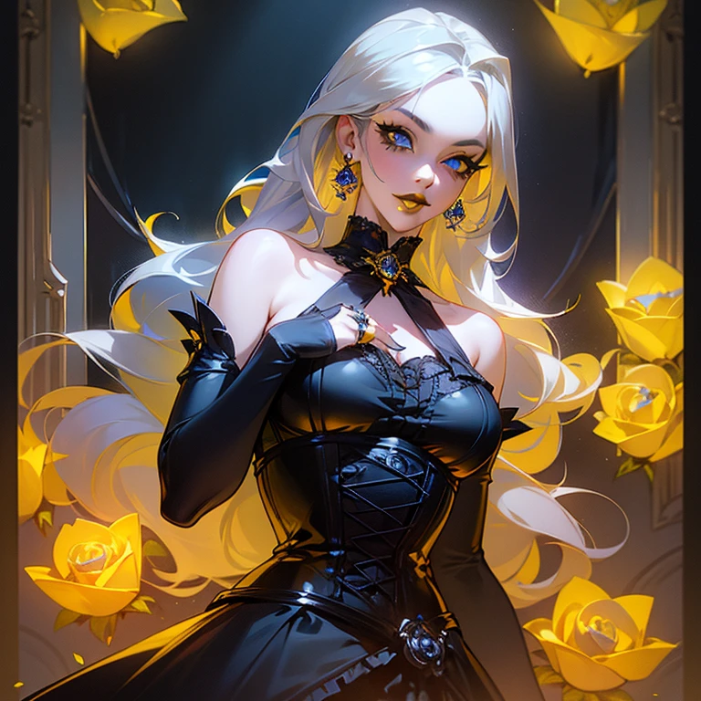 a woman in blue corset and goth hair, with piercings, 1girl, solo, long hair, ring, silver hair, Gothic Lolita, ((((yellow lips)))), blue eyes, blue rose,
