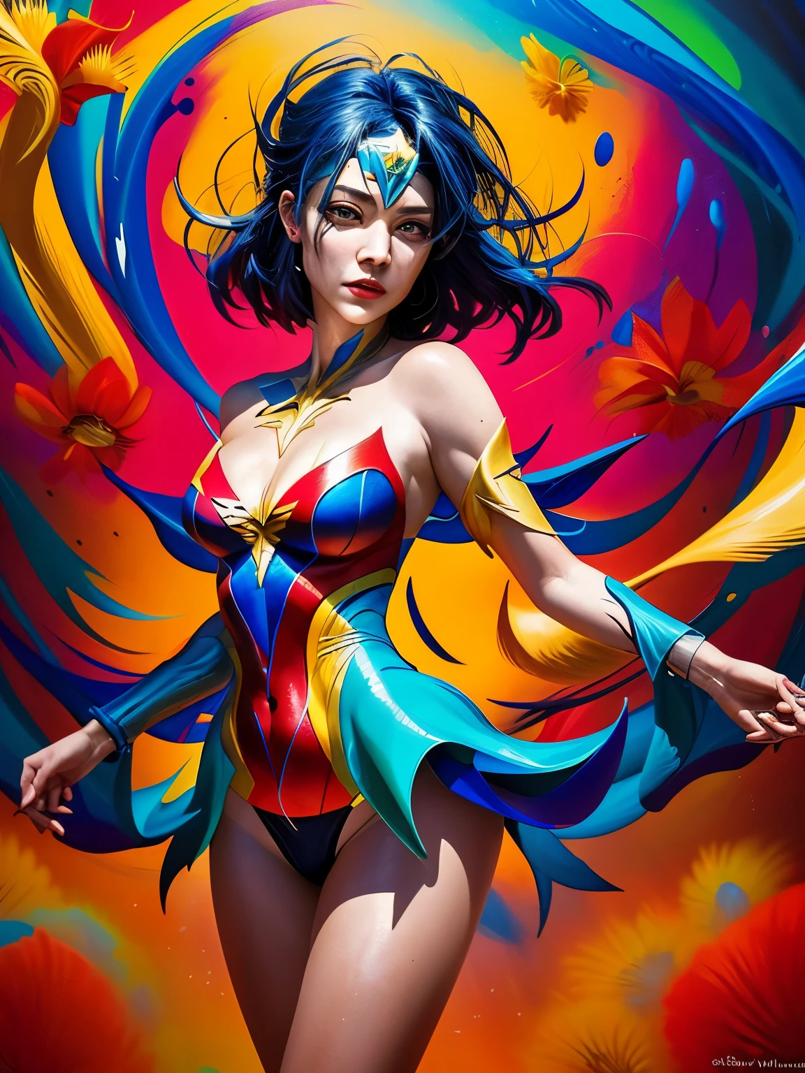 (bold brushstrokes,vibrant colors,abstract shapes) painting of an extremely powerful, emotional, and sexy wonderwoman. The painting portrays her with detailed, piercing gaze and beautiful, seductive lips. She stands tall and confident, with a strong, statuesque figure, dressed in a sleek, form-fitting costume that accentuates her curves. The background is filled with dynamic, swirling strokes, representing the chaotic and powerful nature of her emotions. The colors used are a mix of vibrant and contrasting hues, symbolizing both the intensity and complexity of her emotions. The painting is rendered with high resolution and ultra-detailed brushwork, capturing every intricate detail and texture. The overall lighting is dramatic and spotlight-like, casting shadows and highlighting the contours of her figure. The painting combines elements of realism and abstraction, creating a visually striking and emotionally evocative artwork. cross hands