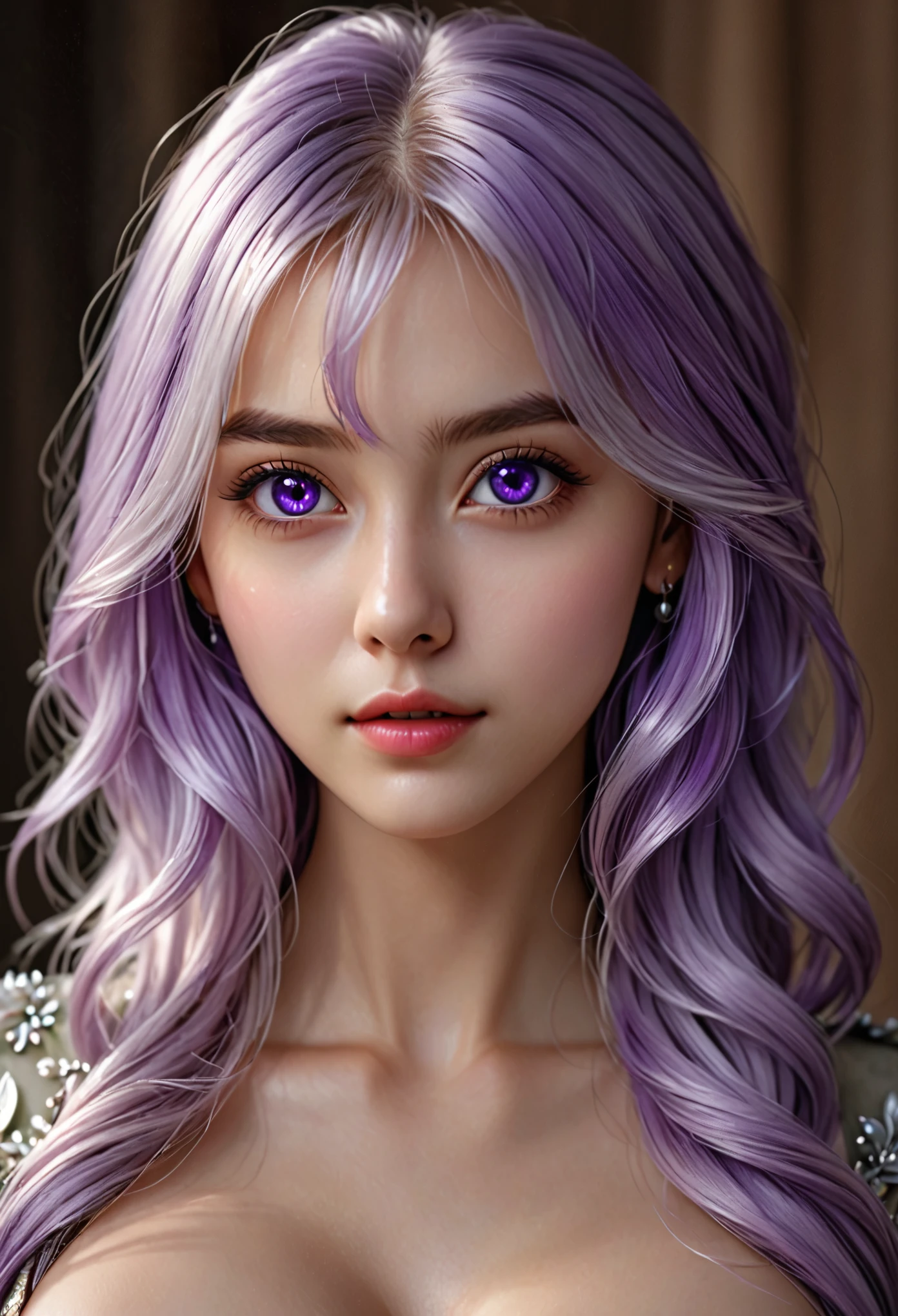  (hyperrealistic), (illustration), (high resolution), (8K), (extremely detailed), (best illustration), (beautiful detailed eyes), (best quality), (ultra-detailed), (masterpiece), (wallpaper), (photorealistic), (natural light), (detailed face), (high detailed realistic skin texture), (anatomically correct), (solo), (1 girl:1.52), (high detailed realistic hair), (white hair:1.35), (heterochromic eyes), (detailed eyes), (purple eyes:1.37), (sparkling eyes), (realistic huge breasts:1.53), (slender abs), (dynamic pose), (closed tiny mouth:1.3), (concentrated expression), (upon body from head to thigh:1.51), (dimple:1.34)