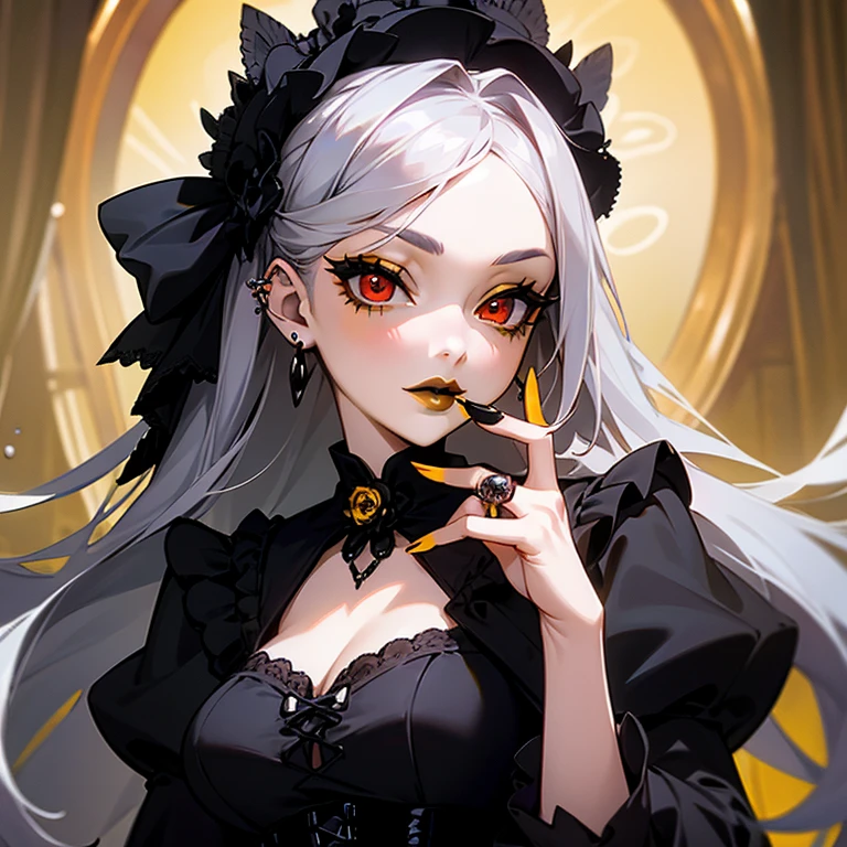 a woman in black corset and goth hair, with piercings, 1girl, solo, long hair, ring, silver hair, Gothic ta, (((yellow lips))), red eyes, red rose,