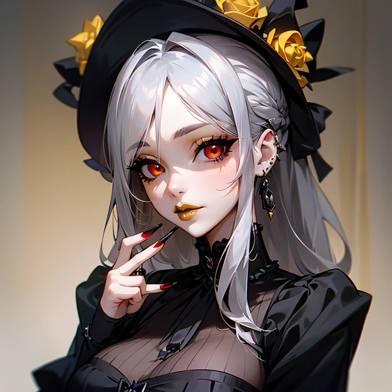 Woman in elegant Victorian dress, flowers on her head, orange flowers in the background, skull makeup, round black eye makeup, large flowers drawn on her forehead, white skin, witch, witch’s hat,