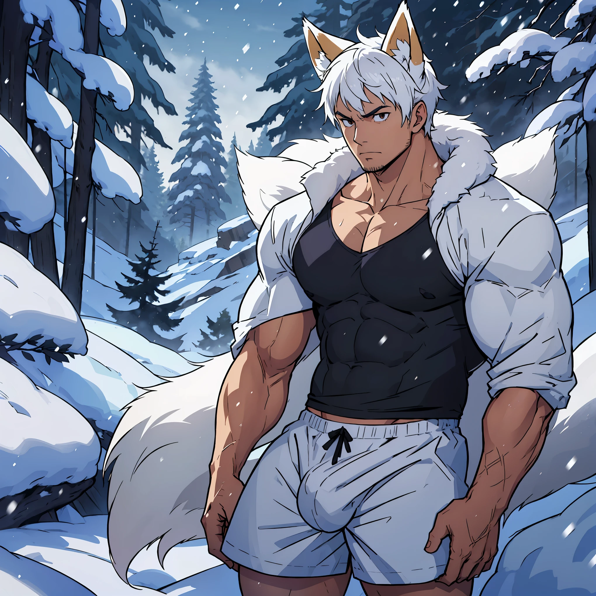 anime guy with white hair and fox ears and collar, (the whole body), young guy, hair with modern bangs, masculine but young, No beard, wearing white boxer shorts , (the whole body on display), big bulge in underwear , in a snowing place, trees with snow in the background,   