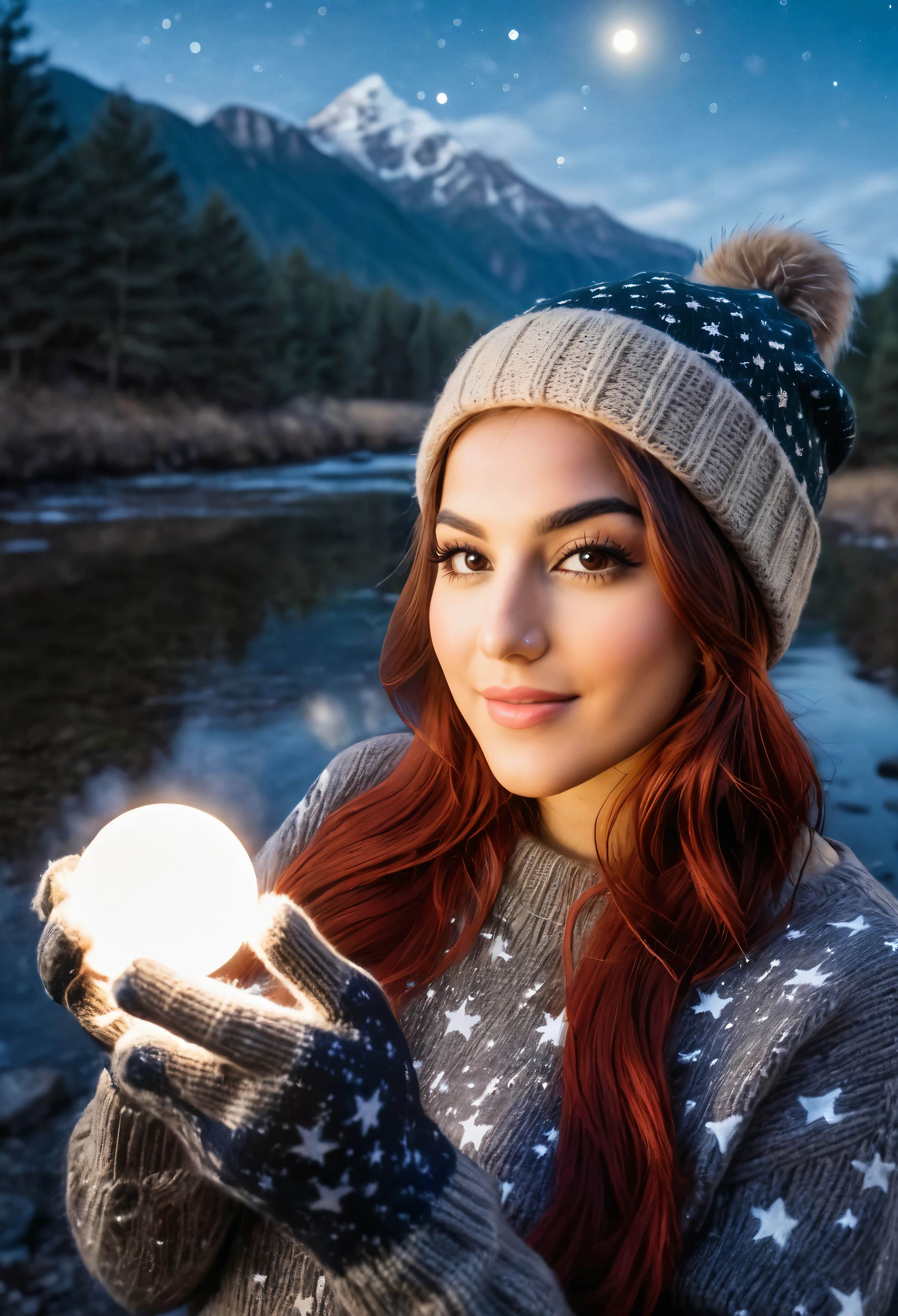 photograph, photo of beautiful woman, selfie, upper body, solo, wearing pullover, outdoors, (night), mountains, real life nature, stars, moon, cheerful, happy, gloves, sweater, beanie, forest, rocks, river, wood, smoke, fog, looking at viewer, skin texture, photo grain, close up, RAW photo, bella