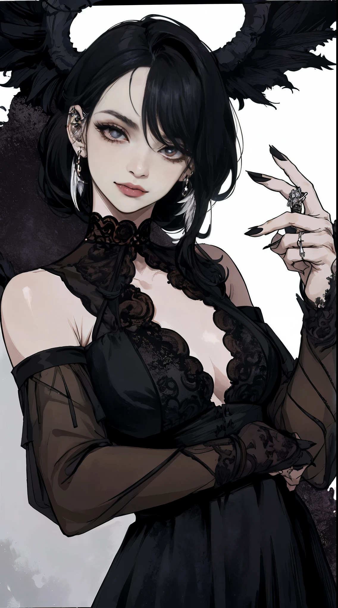Gothic girl of great beauty sticking out her tongue and showing her fangs,ojos rojos ,pale and young skin,labios negros y carnosos,sonrisa grande y burlona, pendientes de metal en forma de cruz,piercing en las orejas,rosario colgando del cuello,cabello blanco liso y largo haciendo cotraste con su ropa negra y oscura,anillos y pulseras en sus manos,corona de espinas en su cabeza,ojos expresivos y penetrantes,colmillos largos cono una vampireza,gran belleza inalcanzable perfeccion,primer plano de su rostro,super detallado,super realista,alta calidad,alta definicion,detalles intrincados por todos lados, fondo difuminado y en segundo plano