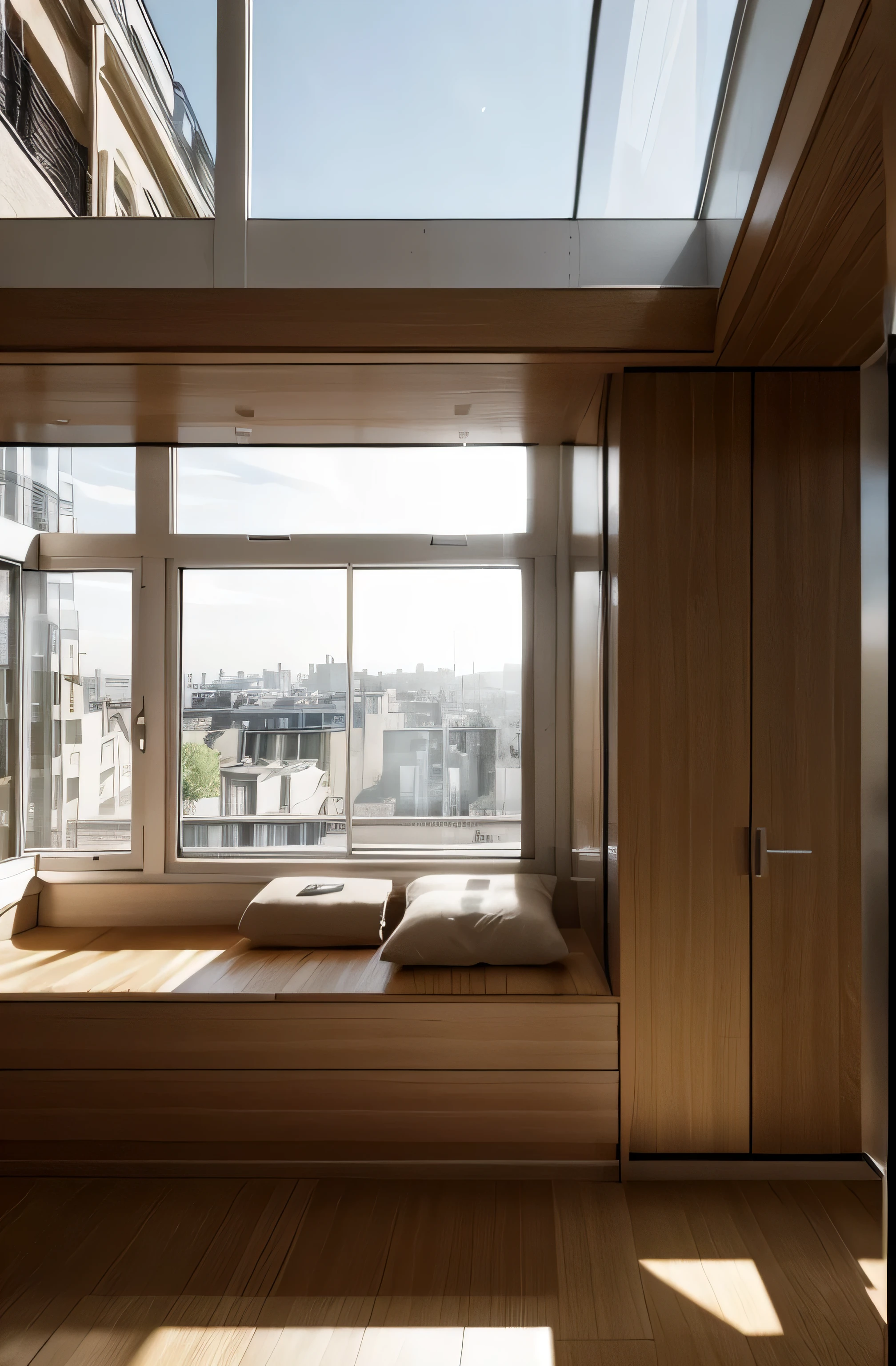 photo realistic. Architecture moderne en Bois. en haut d'un immeuble. Large bay window. sunlight. Exterior photo. Raising an existing building. un serait. Paris. StyleTadao Ando