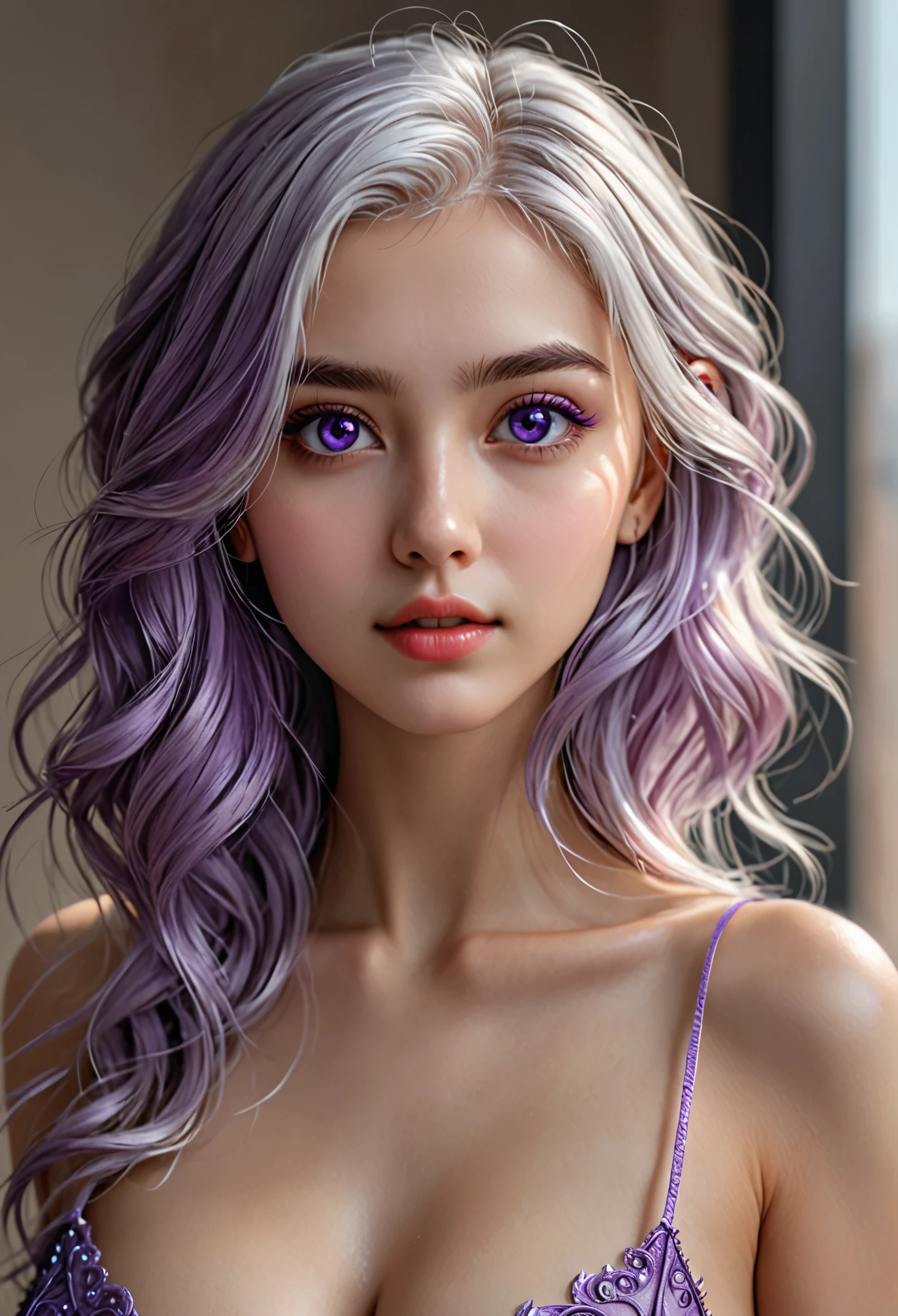  (hyperrealistic), (illustration), (high resolution), (8K), (extremely detailed), (best illustration), (beautiful detailed eyes), (best quality), (ultra-detailed), (masterpiece), (wallpaper), (photorealistic), (natural light), (detailed face), (high detailed realistic skin texture), (anatomically correct), (solo), (1 girl:1.52), (high detailed realistic hair), (white hair:1.35), (heterochromic eyes), (detailed eyes), (purple eyes:1.37), (sparkling eyes), (realistic huge breasts:1.53), (slender abs), (dynamic pose), (closed tiny mouth:1.3), (concentrated expression), (upon body from head to thigh:1.51), (dimple:1.34)