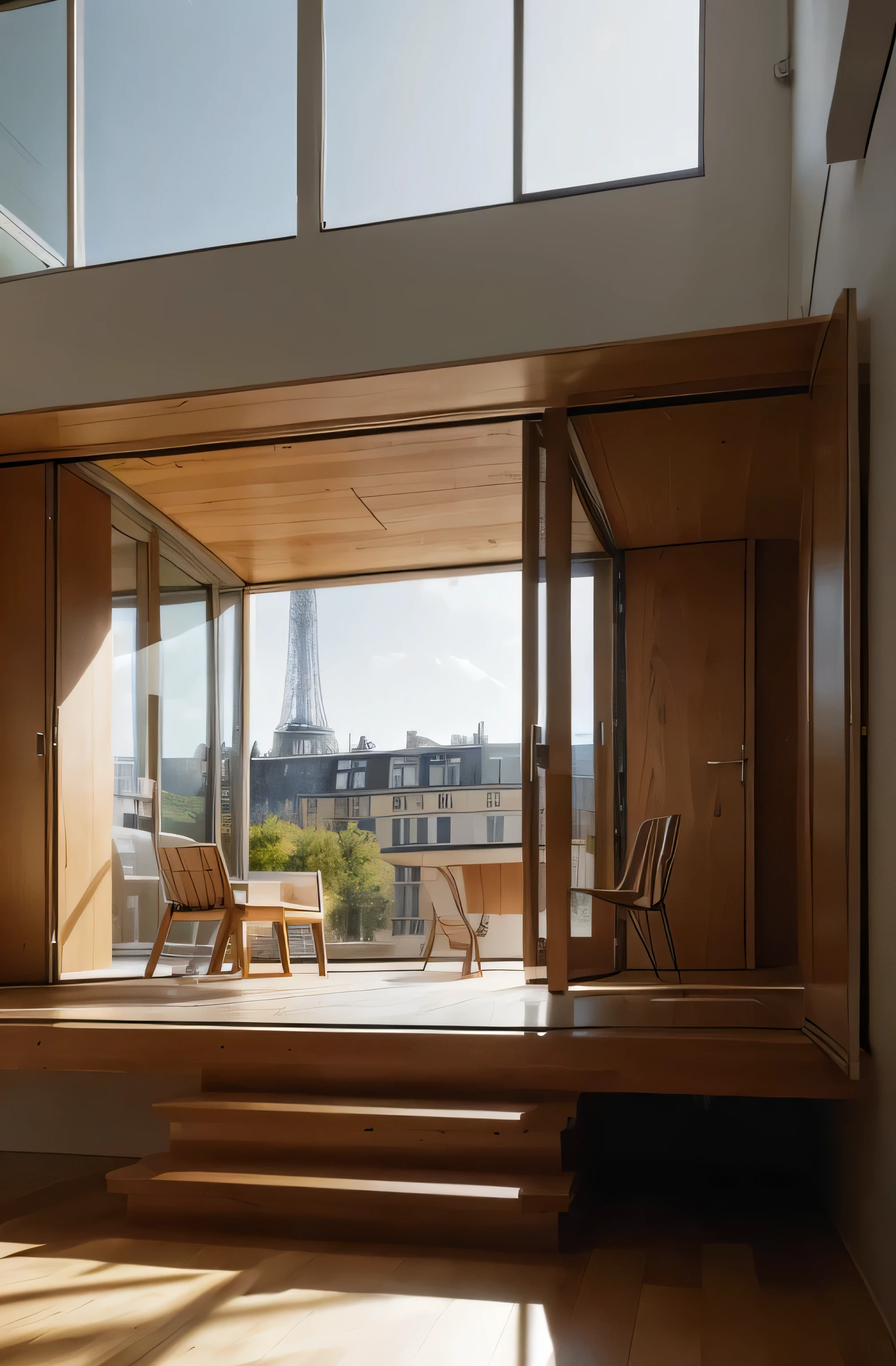photo realistic. Architecture moderne en Bois. en haut d'un immeuble. Large bay window. sunlight. Exterior photo. Raising an existing building. un serait. Paris. StyleTadao Ando